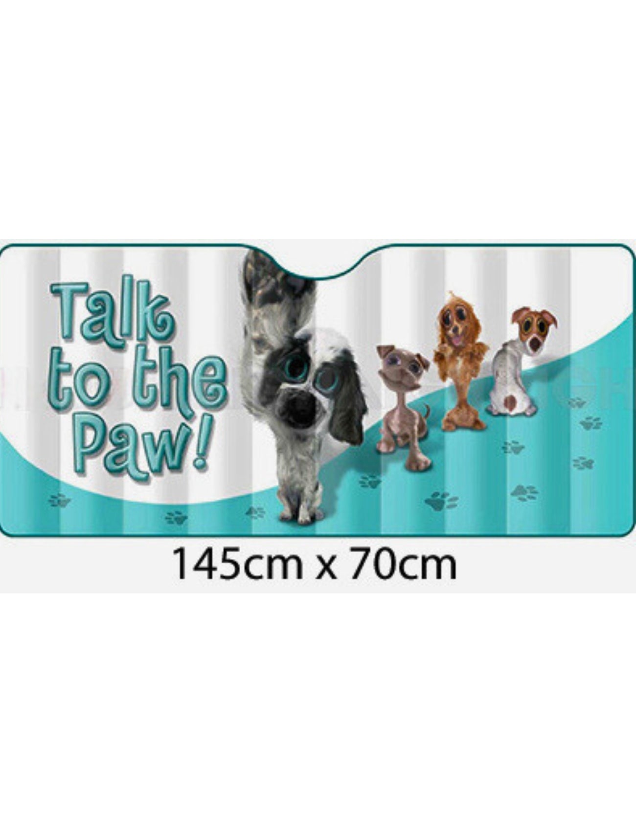 The Sunland-Protection Car Sun Shade features the "TALK 2 PAW" Twisted Whiskers design with four cartoon dogs, playful font, and a blue and white striped background with paw prints. Dimensions are 145cm x 70cm, perfect for automotive accessories enthusiasts.