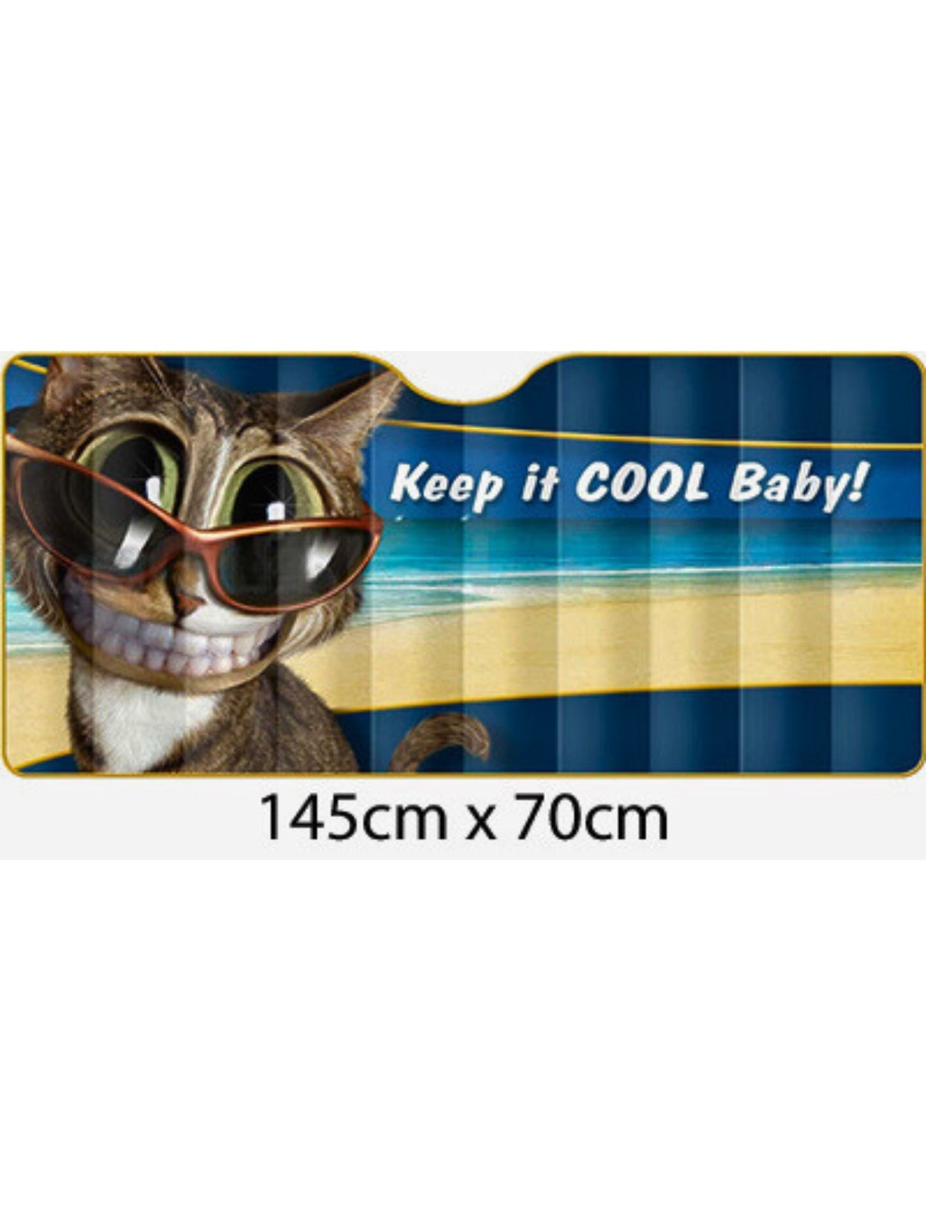 The Sunland-Protection Car Sun Shade "COOL BABY" features a cartoon cat with sunglasses grinning on a beach, perfect for making a fun statement. With the Twisted Whiskers design, this interior sun shade measures 145cm x 70cm.