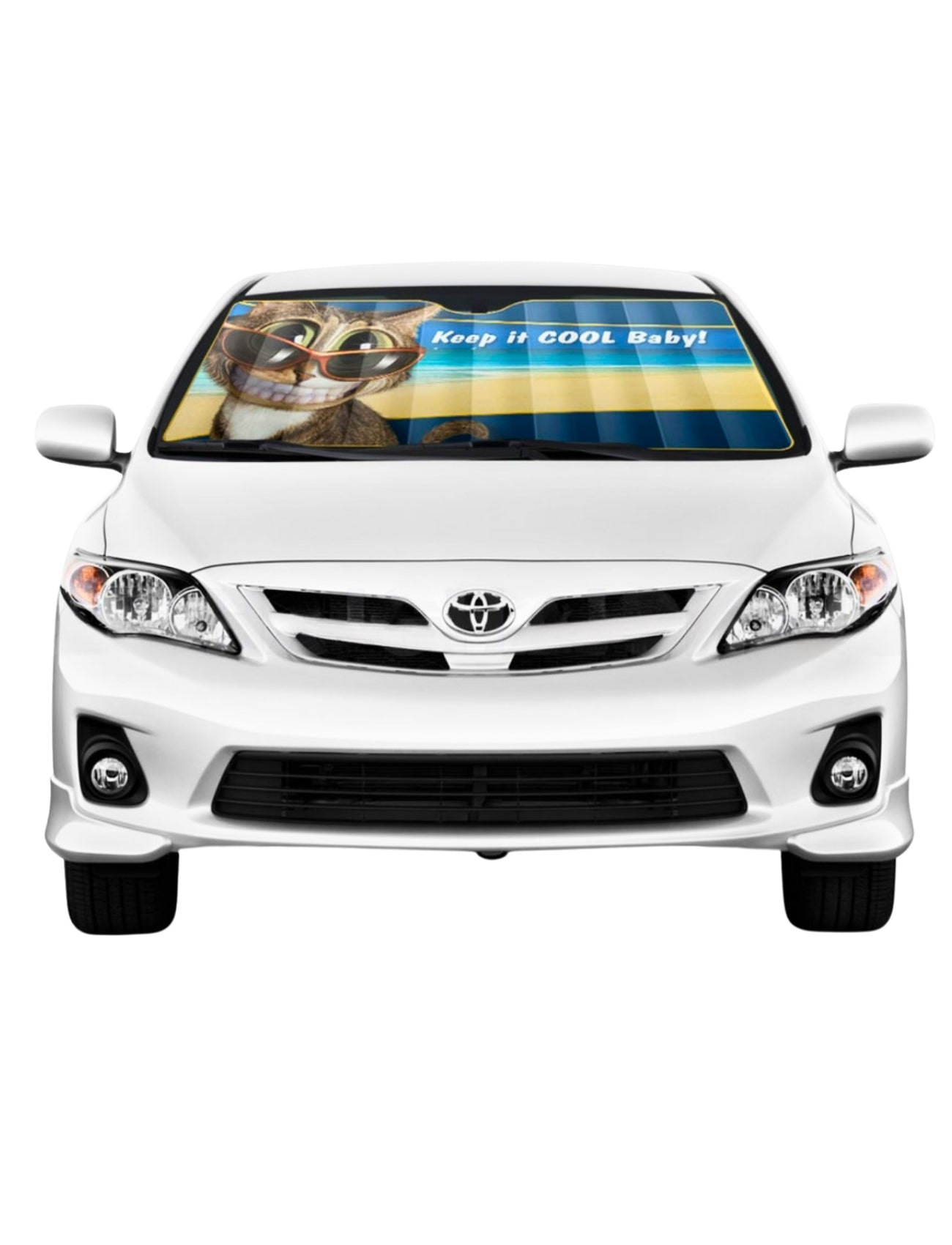 A white car boasts the Sunland-Protection "Car Sun Shade Twisted Whiskers 'COOL BABY,'" featuring a cartoon owl in sunglasses and the slogan, "Keep it COOL Baby!" This quirky accessory showcases Twisted Whiskers' playful design, adding charm while keeping your ride's interior cool.