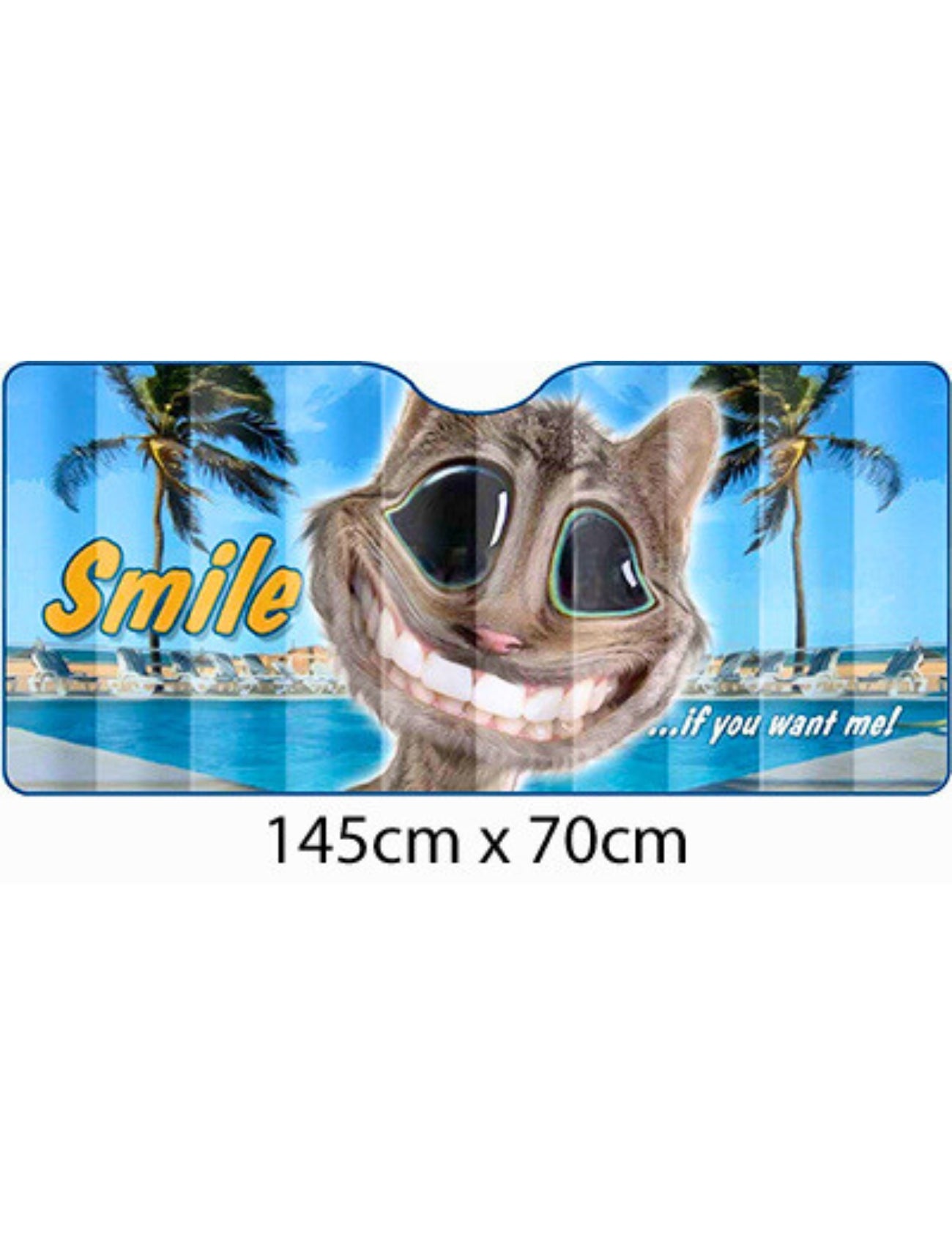 The Sunland-Protection Car Sun Shade Twisted Whiskers "SMILE" features a cartoon cat with large eyes and a big smile, set against a pool and palm trees. "Smile" is in yellow with "...if you want me!" in white, adding fun to your car's interior. Dimensions: 145cm x 70cm.