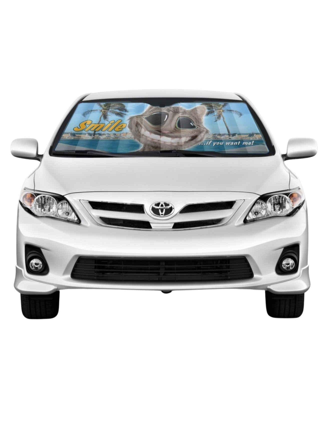 The Sunland-Protection Car Sun Shade Twisted Whiskers "SMILE" (145cm x 70cm) features a front-view design of a white car interior with a turtle in sunglasses and palm trees. The charming Twisted Whiskers artwork includes the text "Smile" and "If you want me," making it an eye-catching addition to your automotive accessories.