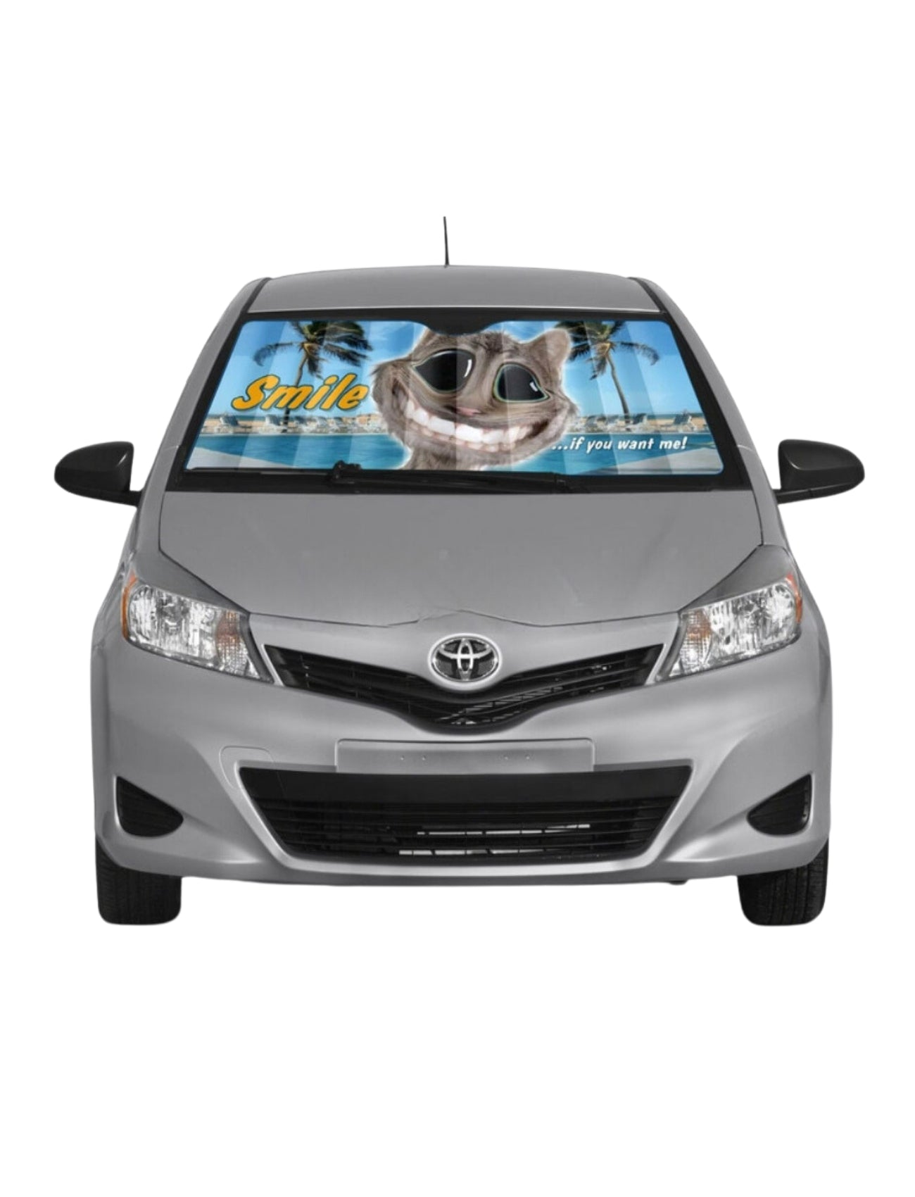 A silver car is fitted with a Sunland-Protection sunshade featuring Twisted Whiskers' "SMILE," showcasing a smiling donkey and tropical palm trees. This whimsical 130cm x 60cm accessory brightens any drive.