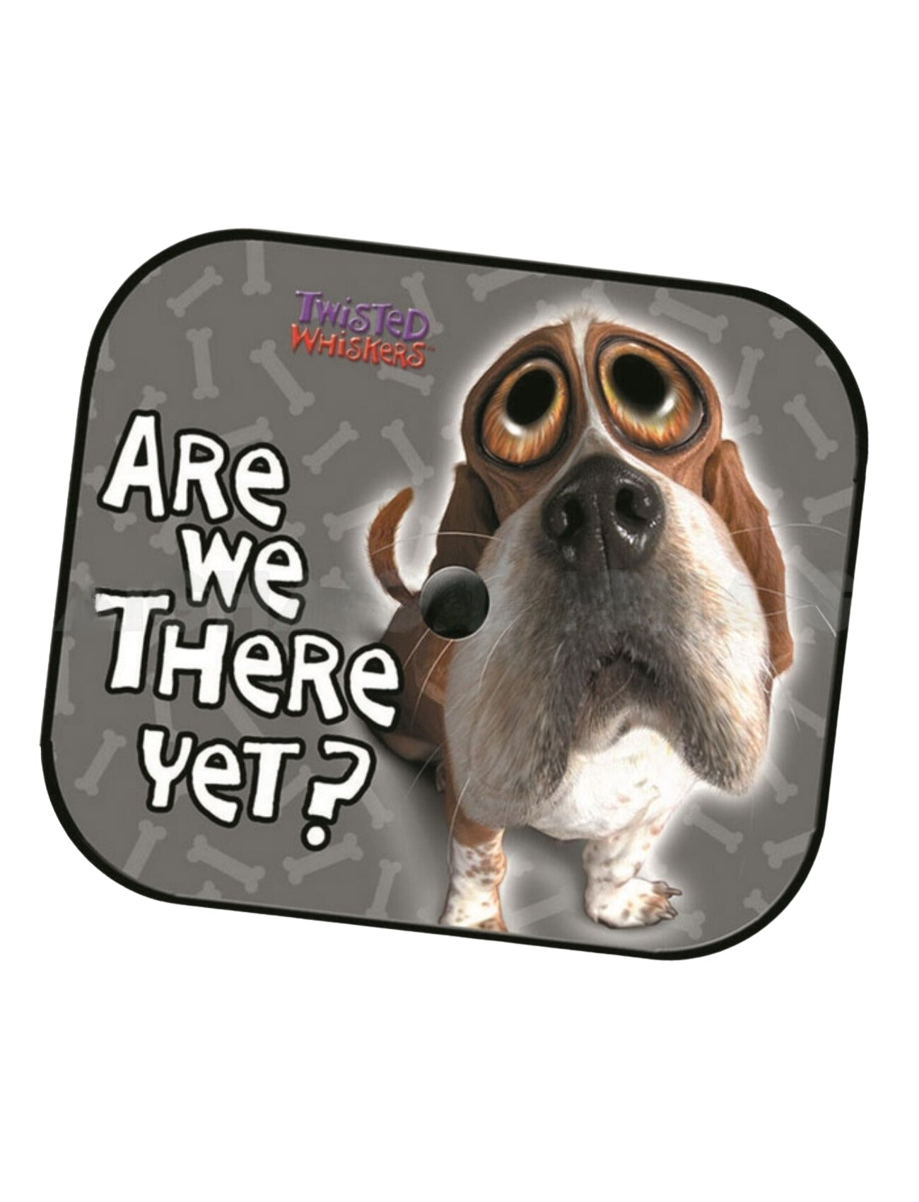 A cartoon dog with exaggerated eyes and long nose peers over sun shades in a questioning expression on the Sunland-Protection Car Sun Shade Twisted Whiskers "THERE YET." Text above reads, "Are we there yet?" on a gray background with whimsical bone patterns.