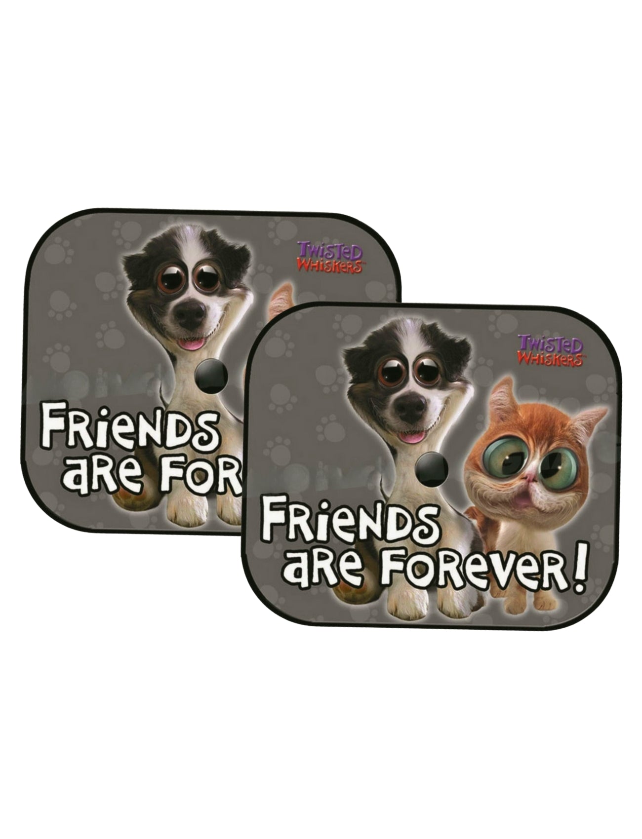 The "FRIENDS4EVER" Car Sun Shade Side by Sunland-Protection features a cartoon dog and cat with large eyes, playful bold text "Friends are Forever!", and a paw print background that complements the Twisted Whiskers logo, making it perfect for your car's window.