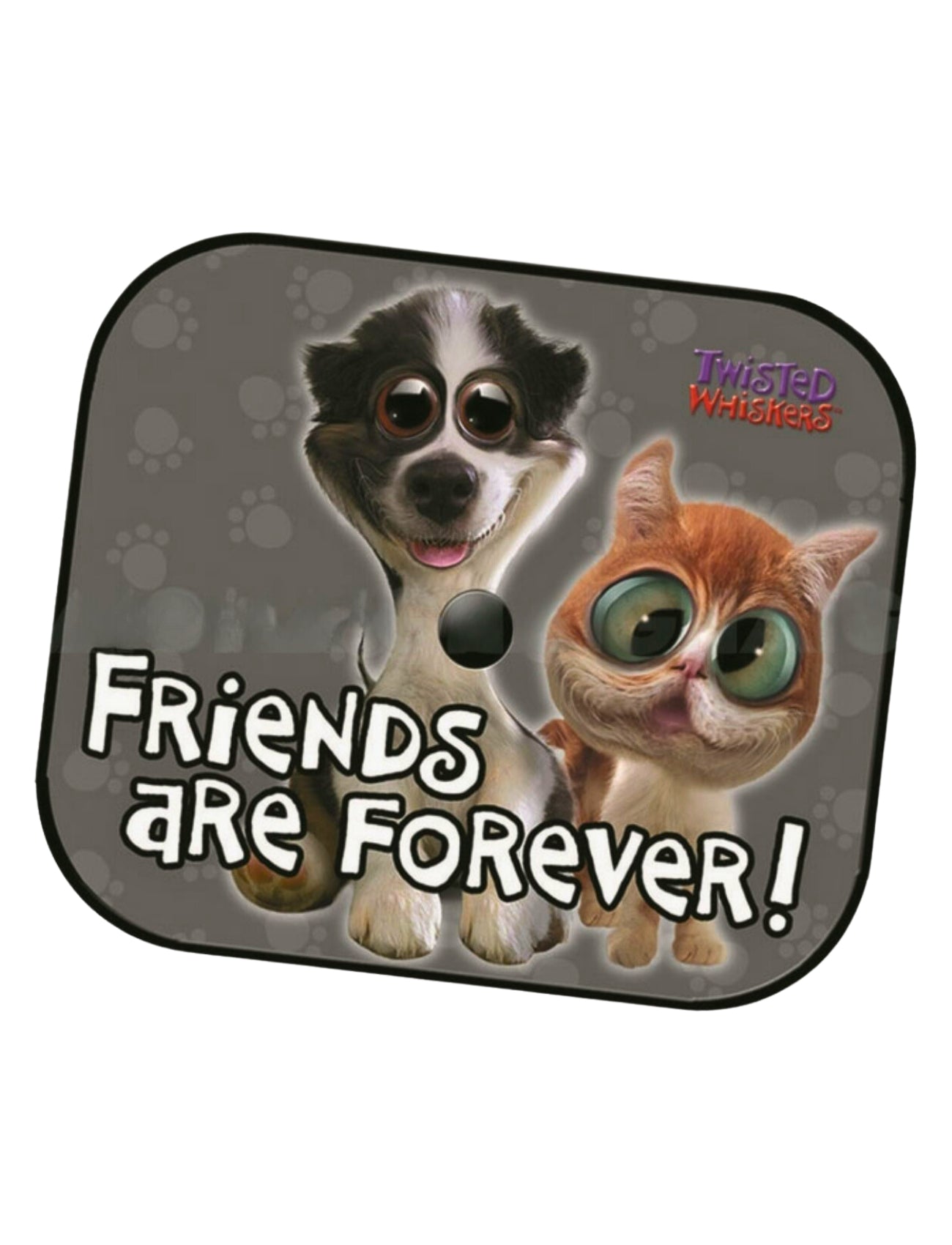 The Car Sun Shade Side Twisted Whiskers "FRIENDS4EVER" by Sunland-Protection features cartoon dogs and cats with large eyes, smiling beneath the text. With playful paw print patterns, it's a delightful addition to your automotive accessories collection.