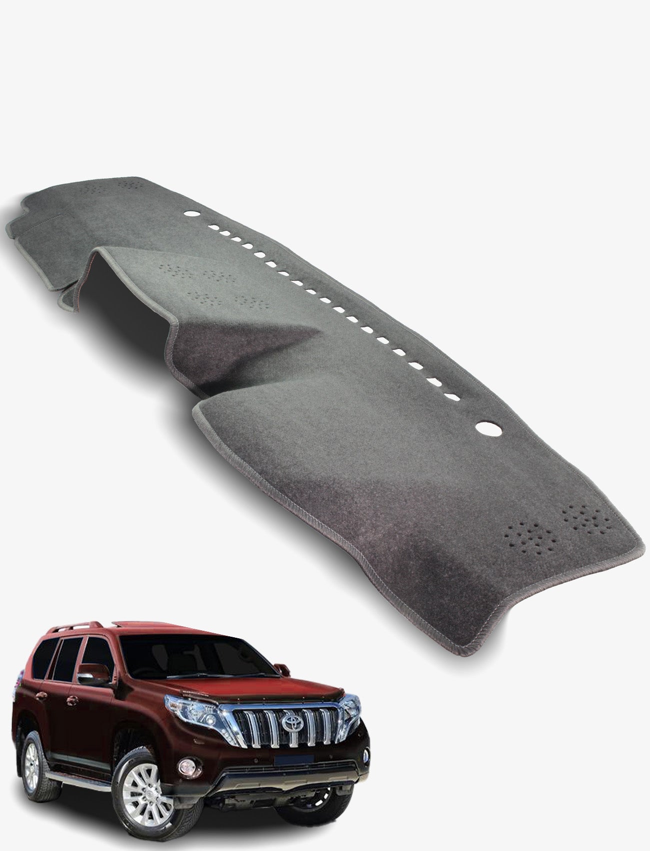 A Toyota Prado Dash Mat from Sunland-Protection is displayed above a red Toyota Land Cruiser Prado SUV on a white background. This mat helps keep your car cool and protects its resale value.