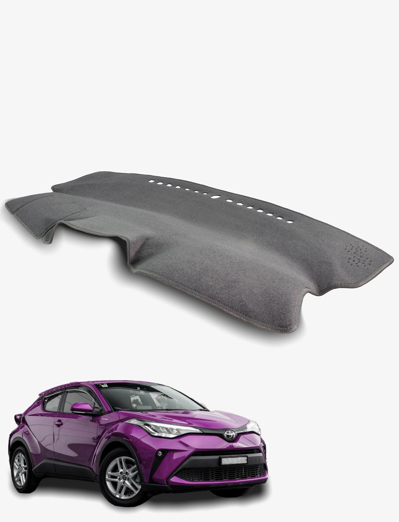 The Sunland-Protection Toyota C-HR Dash Mat in gray is shown above a purple Toyota C-HR on a white background, providing effective vehicle protection and glare reduction.