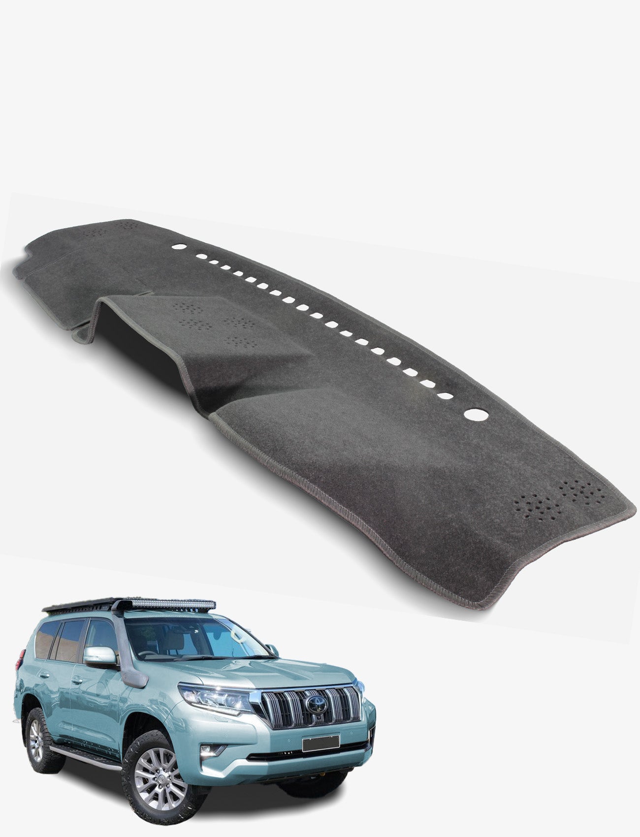 A Sunland-Protection Toyota Prado Dash Mat with ventilation holes is displayed on a light blue SUV, providing a perfect dashboard fit while keeping your vehicle cool and helping preserve resale value.