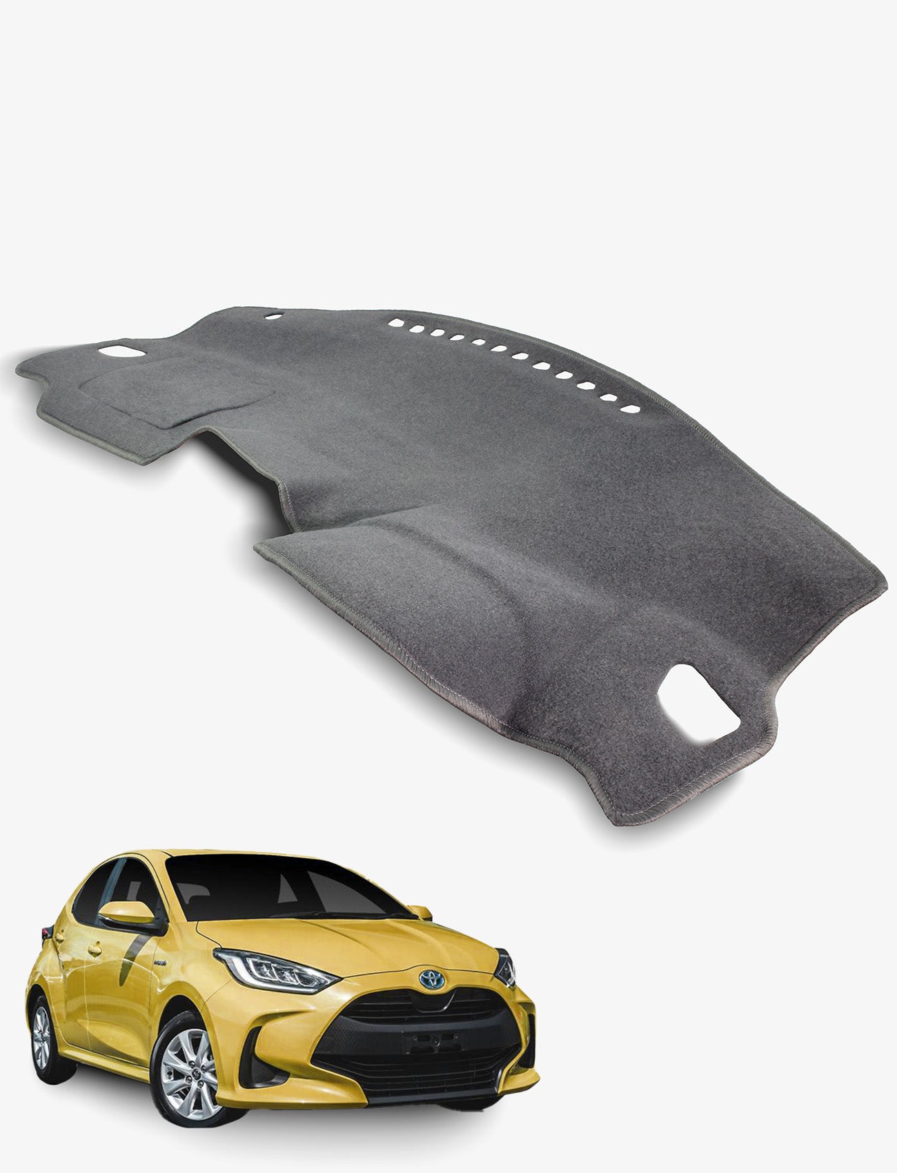 A Sunland-Protection Toyota Yaris XPA10/XPH10 Dash Mat in gray is shown above a yellow Toyota Yaris hatchback on a white background, keeping your car cool and helping maintain its resale value.