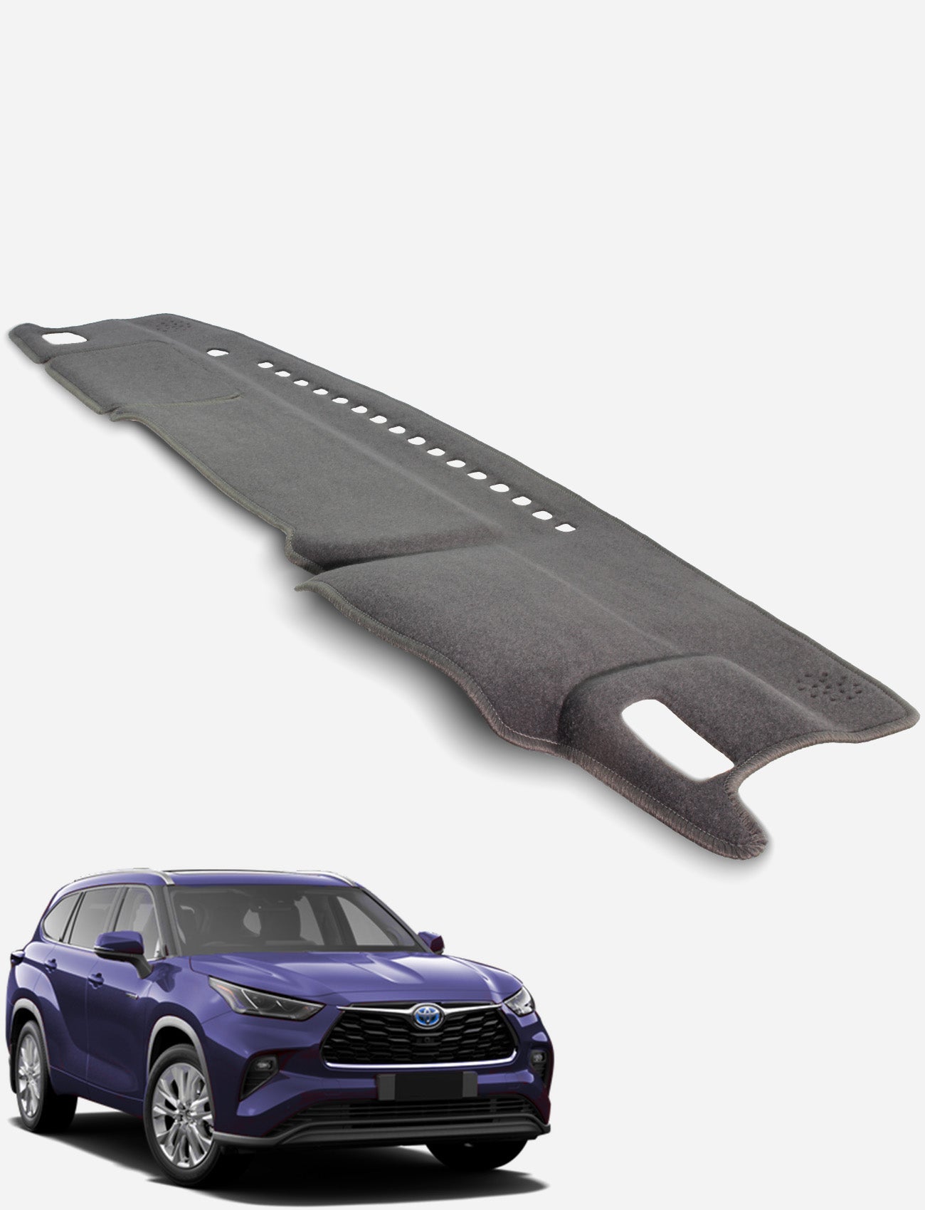 A black Sunland-Protection Toyota Kluger 70 Series Dash Mat is shown above a blue Toyota SUV. This textured cover includes vent cutouts, keeps your car cool, and helps protect its resale value.