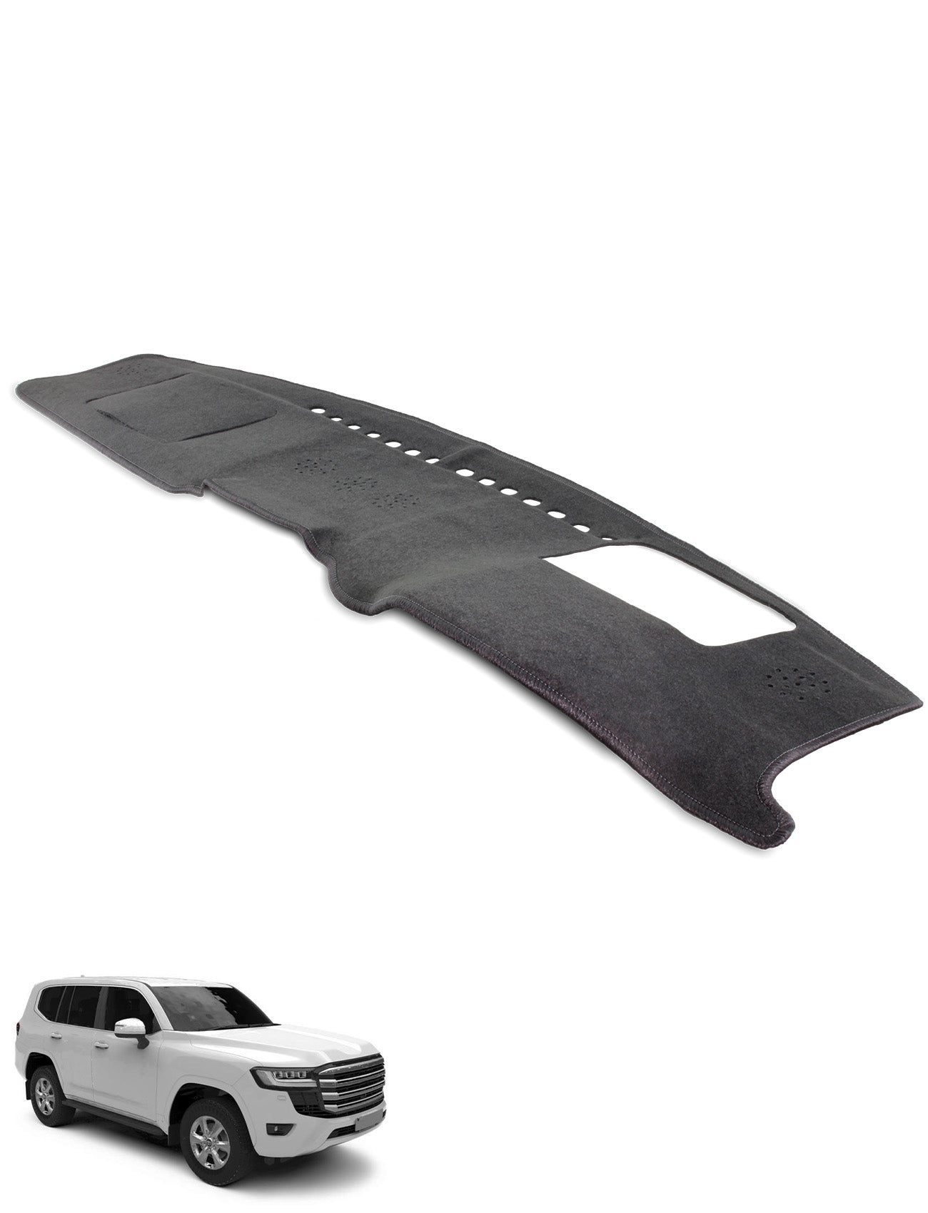 A Sunland-Protection Toyota Landcruiser 300 Series Dash Mat (HUD) in black is featured above a white Landcruiser 300 Series, viewed from a front side angle against a white background.