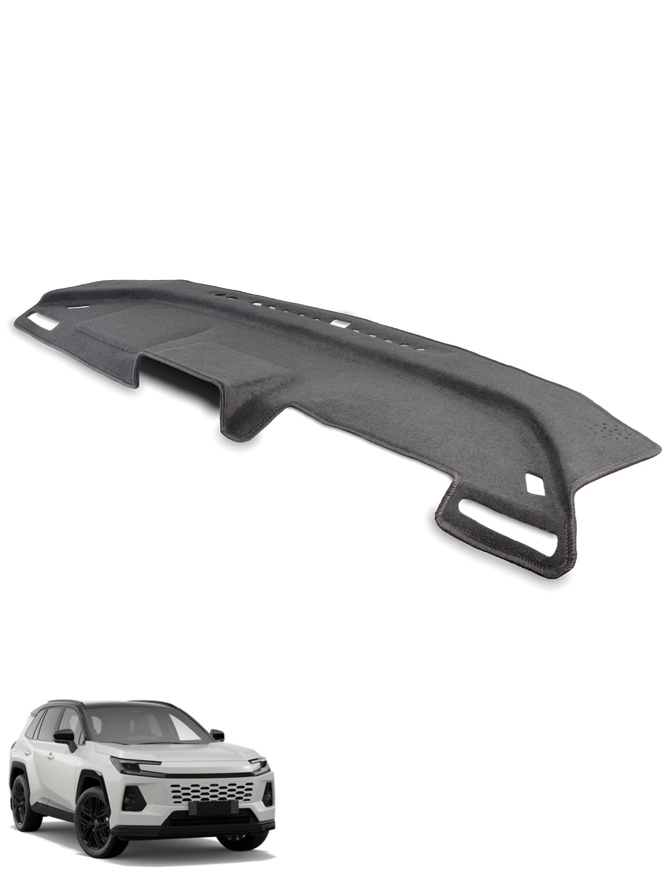 The Sunland-Protection Toyota RAV4 GEN 6 Dash Mat, shown above a white SUV on a white background, is custom-fit for your vehicle and provides UV protection and glare reduction while enhancing your dashboard's look.