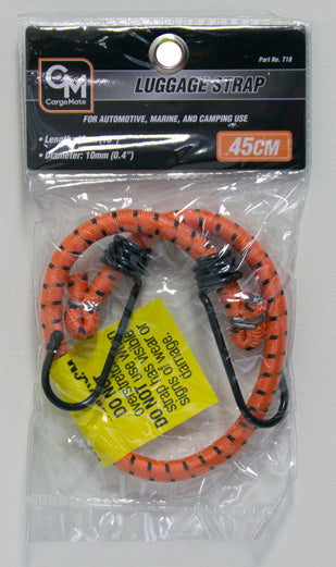 A Cargo Mate Occy Strap - 45cm, featuring an orange and black striped design with plastic coated hooks on both ends. The packaging indicates it is from Cargo Mate, measures 45 cm in length, features a 10mm elastic cord and is designed for automotive, marine, and camping use.