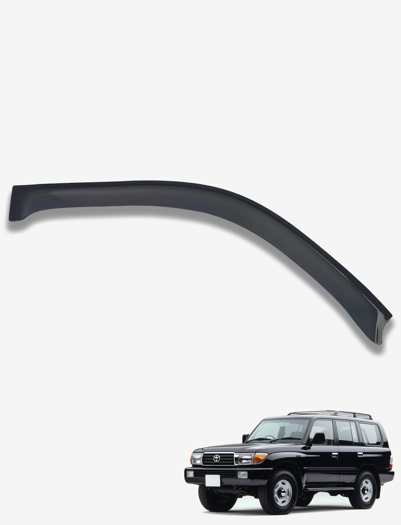 A dark Sunland Protective Plastics Weathershield Slimline Driver, custom-moulded from UV stable acrylic, is displayed on a white background. Below, a black boxy SUV complements this sleek addition. The product fits Toyota Landcruiser 100 Series 03/1998-04/2005 - T250SLDT.