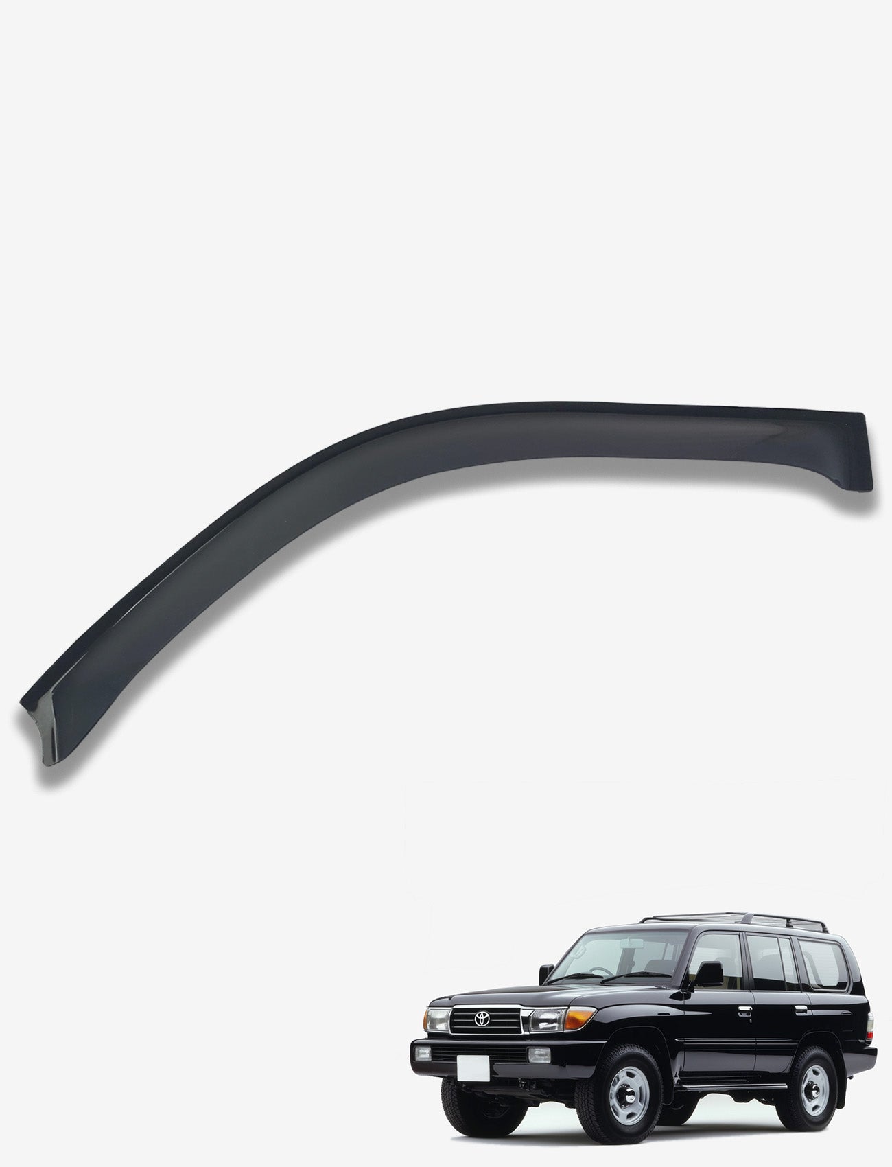 A custom-moulded dark tint weathershield with a slight curve for the Toyota Landcruiser 100 Series (03/1998-04/2005) is featured above a small black SUV image. Made from UV stable acrylic, this Sunland Protective Plastics product stands out against a white background.