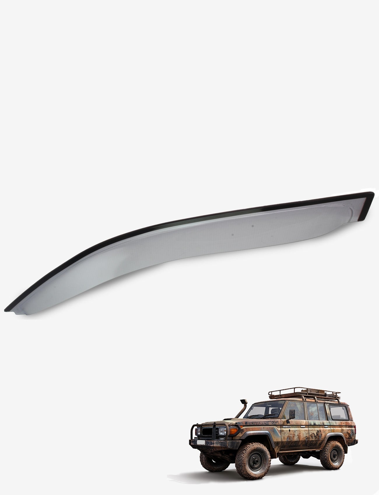 A long, curved object against a plain background above an off-road vehicle with a roof rack and rugged detailing, featuring the Sunland Protective Plastics Weathershield Slimline Light Tint. This product offers enhanced durability with custom-moulded construction from UV stable acrylic and is designed for the Toyota Landcruiser 78/79 Series models from October 1999 to March 2007.