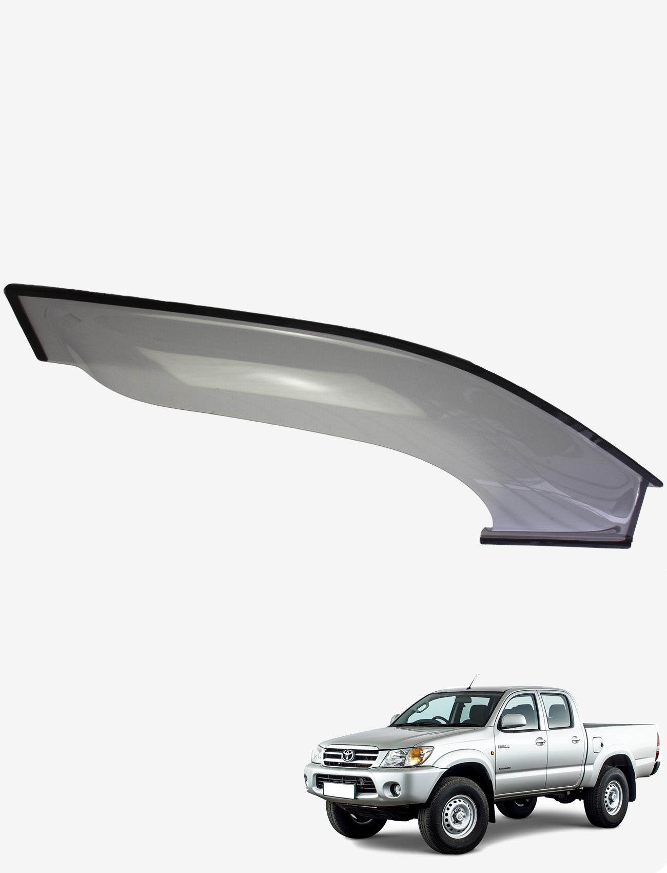 A Sunland Protective Plastics Weathershield Fullsize Light Tint for the driver's side of a Toyota Hilux 2WD & 4WD Dual Cab (03/2005-08/2011) is showcased above a silver four-door pickup truck against a white background.