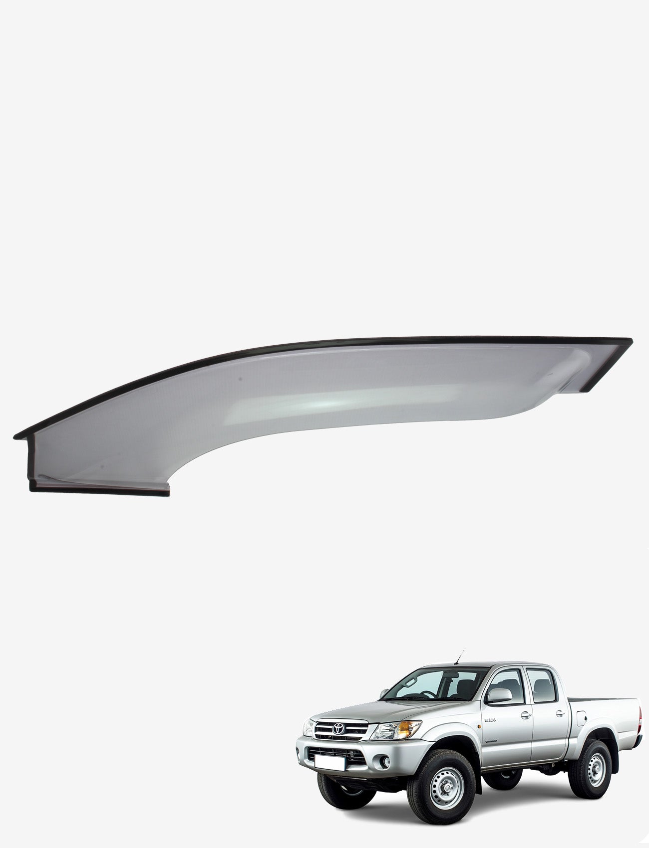 Displayed on a plain white background are a windshield for an SUV and a silver Toyota Hilux, equipped with custom-moulded UV stable acrylic weathershields. The truck is a full-size, four-door model featuring large tires and a front bumper guard. The weathershield is the Sunland Protective Plastics Weathershield Fullsize Light Tint designed for the Toyota Hilux 2WD & 4WD Dual Cab models from March 2005 to August 2011.