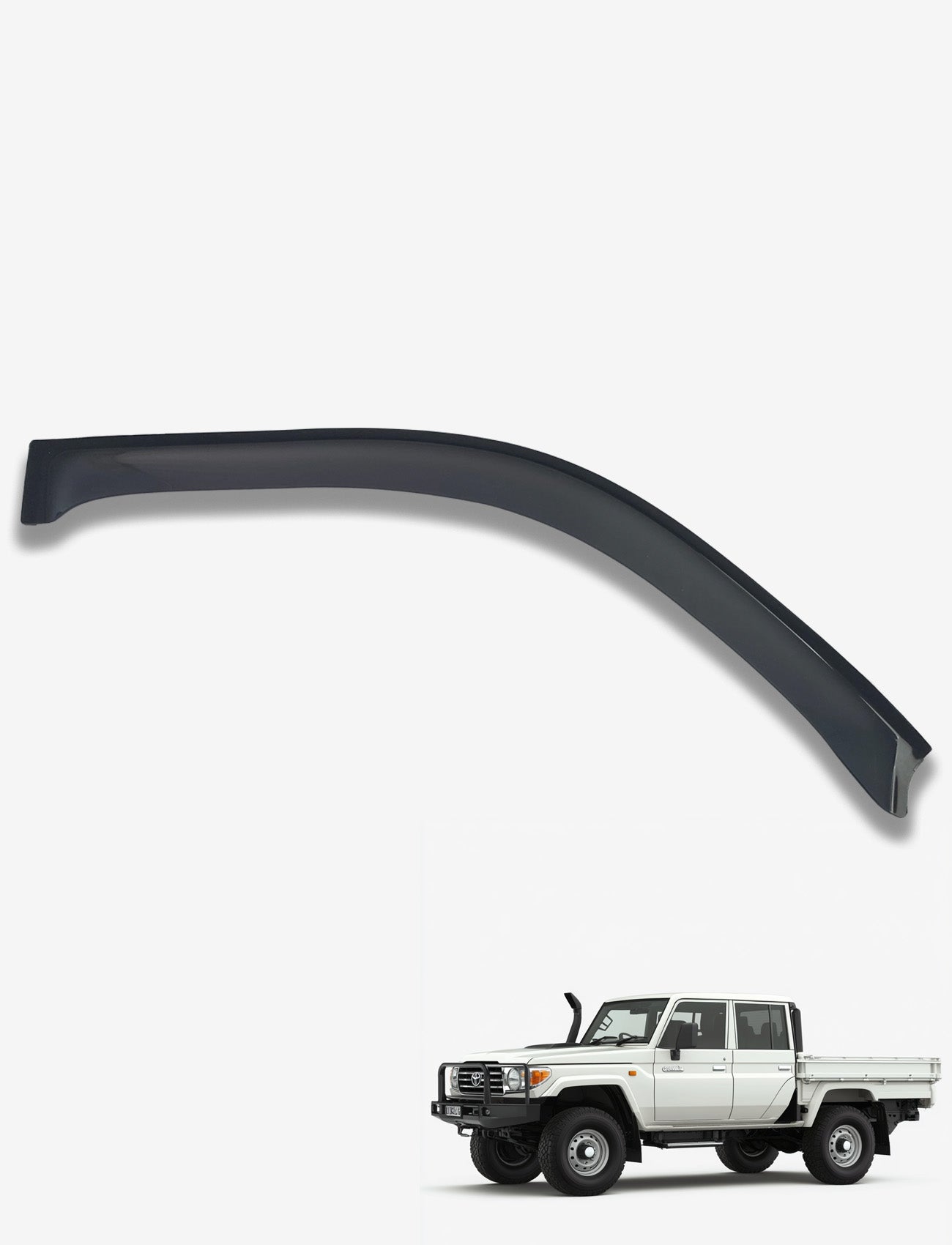 A black car fender is showcased against a simple background, emphasizing its sleek, aerodynamic design. Below it is a smaller image of a white pickup truck shown from the side, equipped with Sunland Protective Plastics' Slimline Weathershield Driver in dark tint for the Toyota Landcruiser 70 Series Dual cab (08/2012-On), made from robust UV stable acrylic.