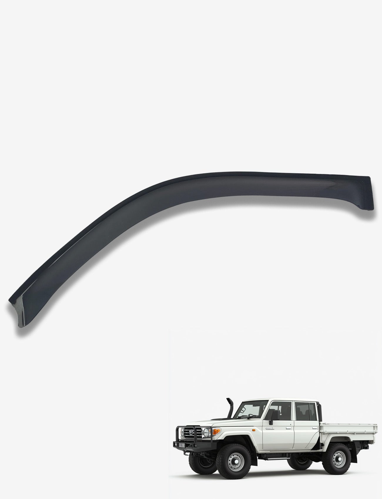 A Sunland Protective Plastics Weathershield Slimline Passenger in dark tint is displayed against a plain background, with a small image of a white pickup truck in the lower corner, illustrating the part as an ideal accessory for the vehicle. Designed for the Toyota Landcruiser 70 Series Dual Cab (08/2012-On), it combines durability and style with its UV stable acrylic construction.