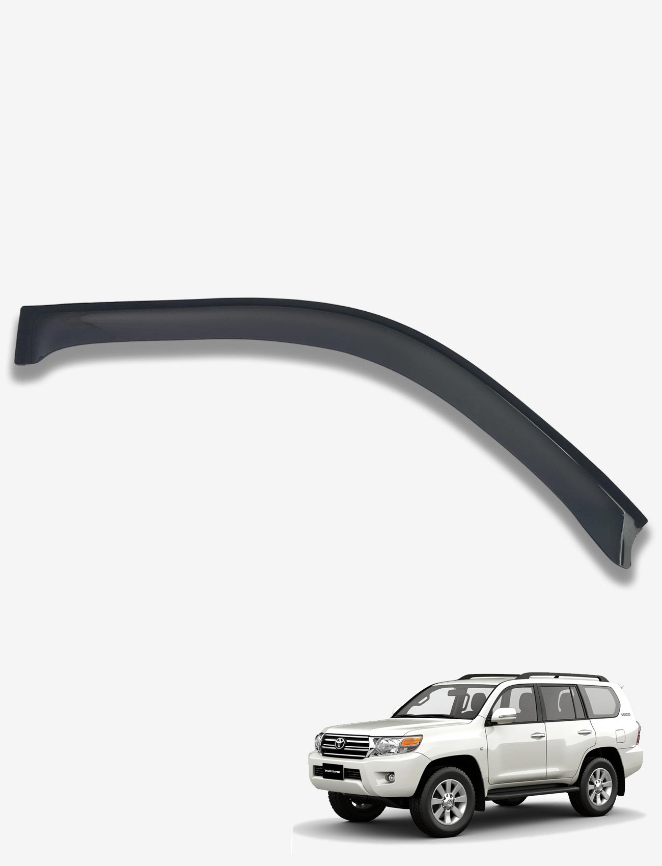 Displayed above a white SUV against a grey background, the Sunland Protective Plastics Weathershield Slimline Driver in dark tint for the Toyota Prado 150 Series (11/2009-On) - T355SLDT, crafted from UV stable acrylic, is custom-moulded and shown in profile to highlight its elegant curved shape.