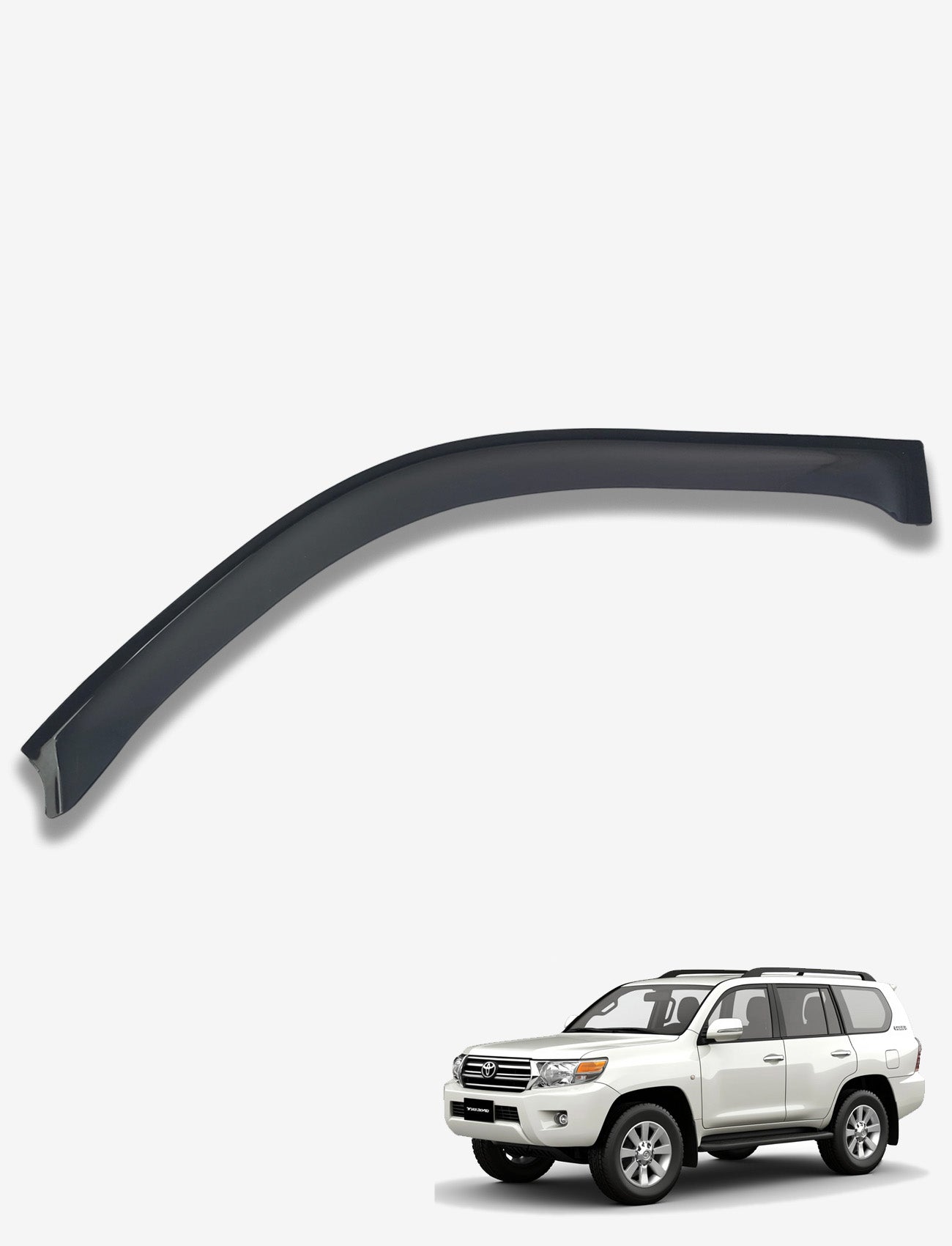 Above a white SUV on a plain backdrop, a black car fender flare is displayed. The side angle highlights the wheels, roof rack, and UV stable Sunland Protective Plastics Weathershield slimline passenger in dark tint for Toyota Prado 150 Series 11/2009-On - T355SLPT.