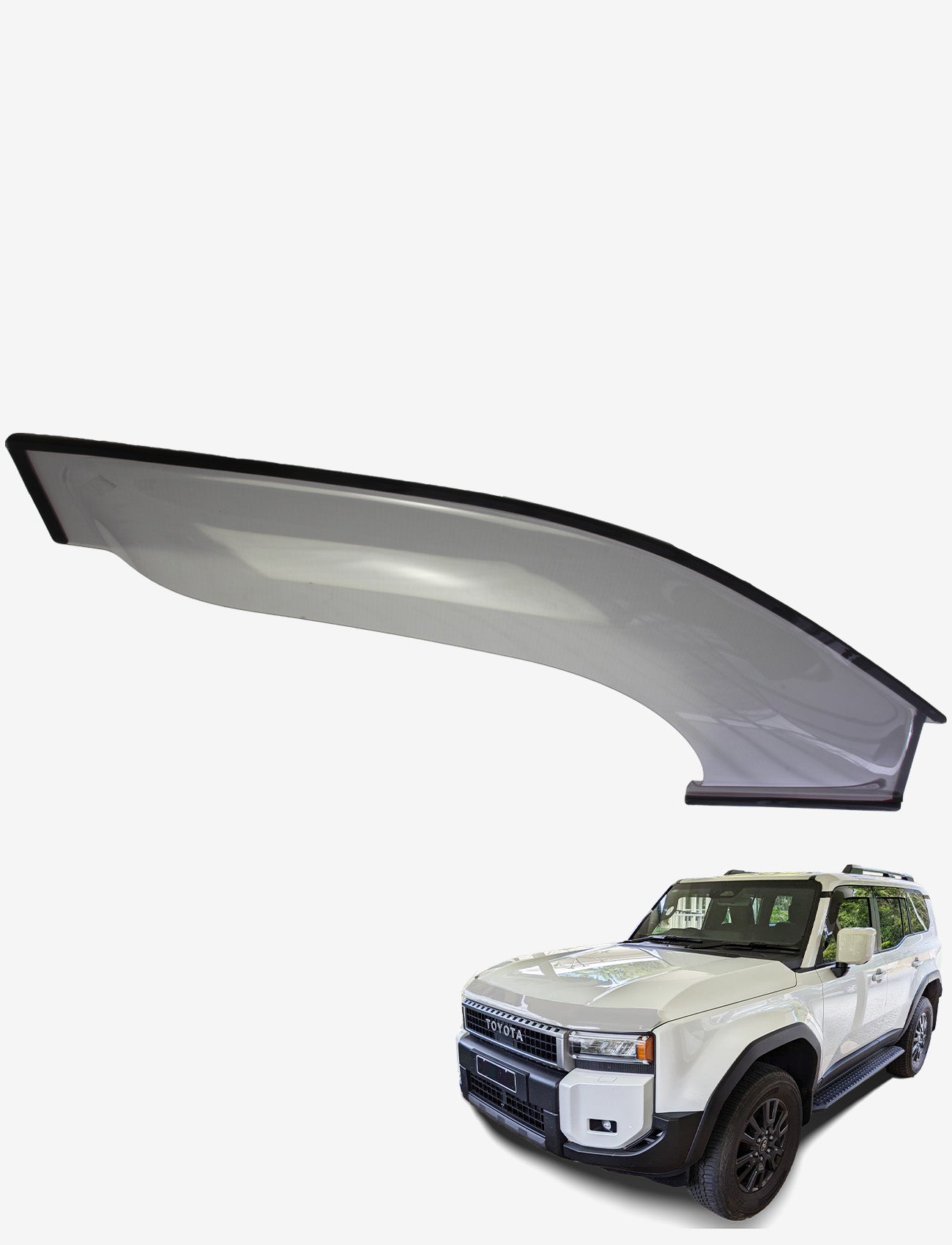 A white Toyota SUV with black trim is displayed under a large Sunland Protective Plastics Toyota Prado 250 Series Weathershield, Fullsize Light Tint (Driver), showcased on a white background.