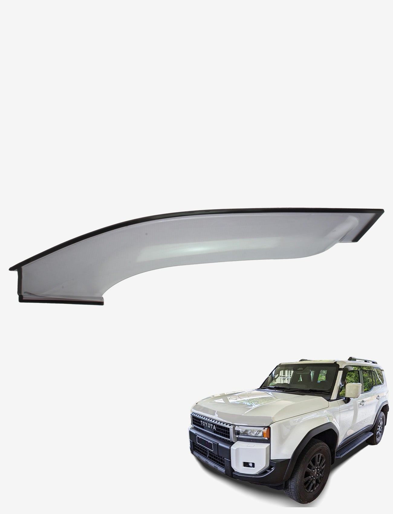 A white Toyota Prado 250 Series is shown with Sunland Protective Plastics Fullsize Light Tint Passenger Weathershield, made from UV-stable acrylic, against a plain white background.