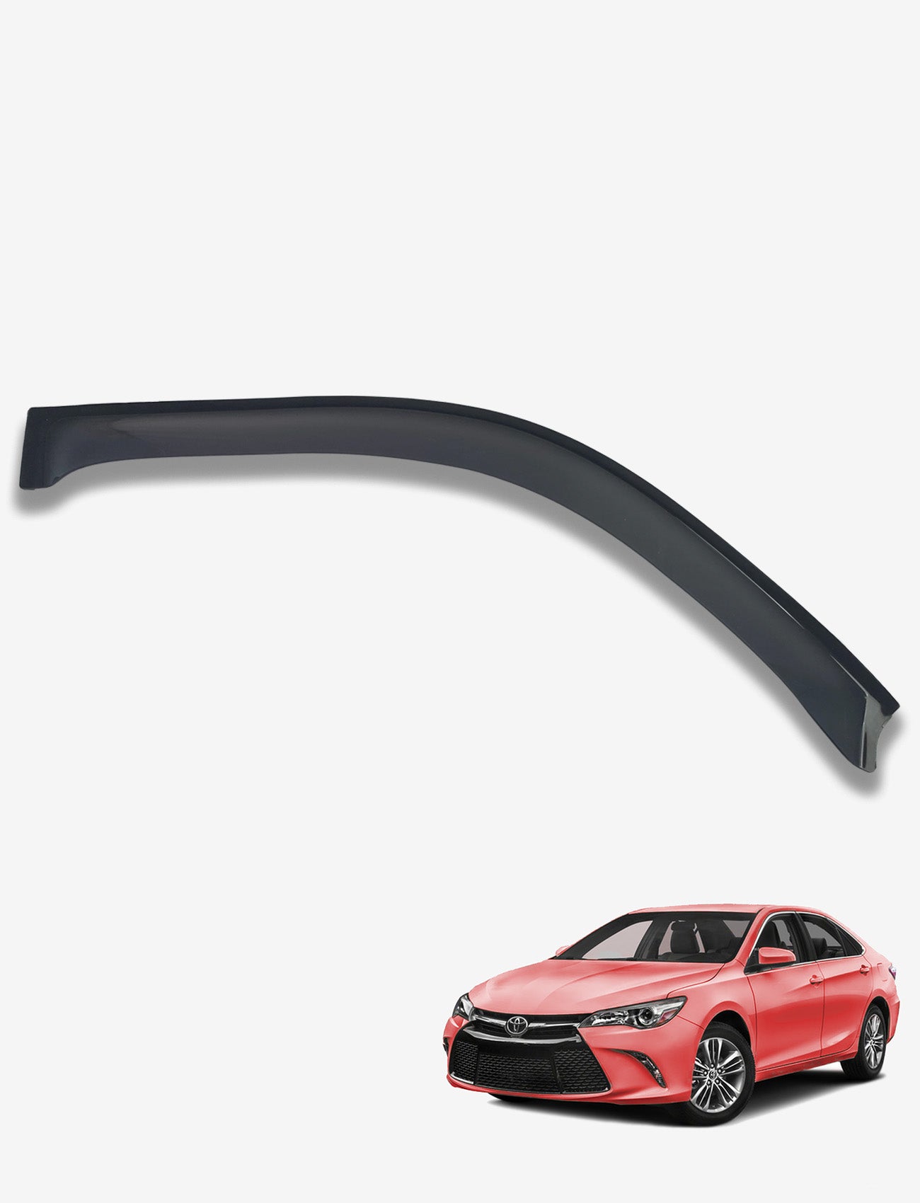 The Sunland Protective Plastics Weathershield Slimline Driver, in a dark tint for Toyota Camry ASV70R/GSV70R/AXVH71R 09/2017 - On, crafted from UV stable acrylic, stands out sleekly against a light background with a small red sedan in the bottom-right corner.