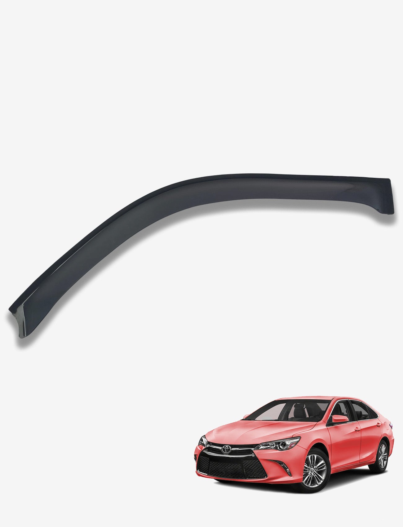 A custom-molded, aerodynamic Sunland Protective Plastics Weathershield Slimline Passenger in dark tint floats above a red Toyota Camry ASV70R/GSV70R/AXVH71R against a white background, showcasing its sleek design and durability with UV-stable acrylic.