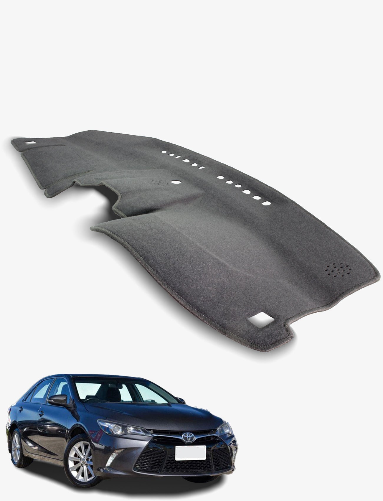 A Sunland-Protection Toyota Camry Dash Mat is displayed above a black Toyota Camry sedan on a white background. The mat has vent cutouts for a custom fit, helping keep your car cool and protect its resale value.