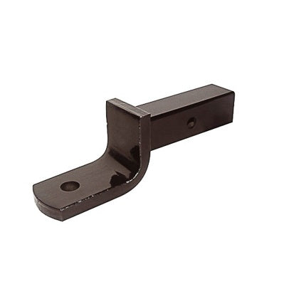 The Cargo Mate Standard Towing Hitch Mount / Tongue by Cargo Mate is a black metal hitch ball mount featuring a square shank with a hole at the bottom for attaching a trailer ball. Designed for light-duty trailers, this mount has a right-angle bend between the shank and the mounting platform. The shank also includes another hole for securing it to hitch receivers.