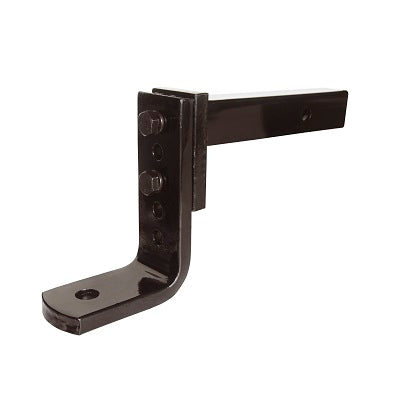 The Cargo Mate Adjustable Towing Hitch Mount / Tongue, crafted by Cargo Mate, features a black metal, L-shaped design made from high strength steel. It includes a flat, perforated plate on one end and a rectangular stem on the other, making it ideal for towing.