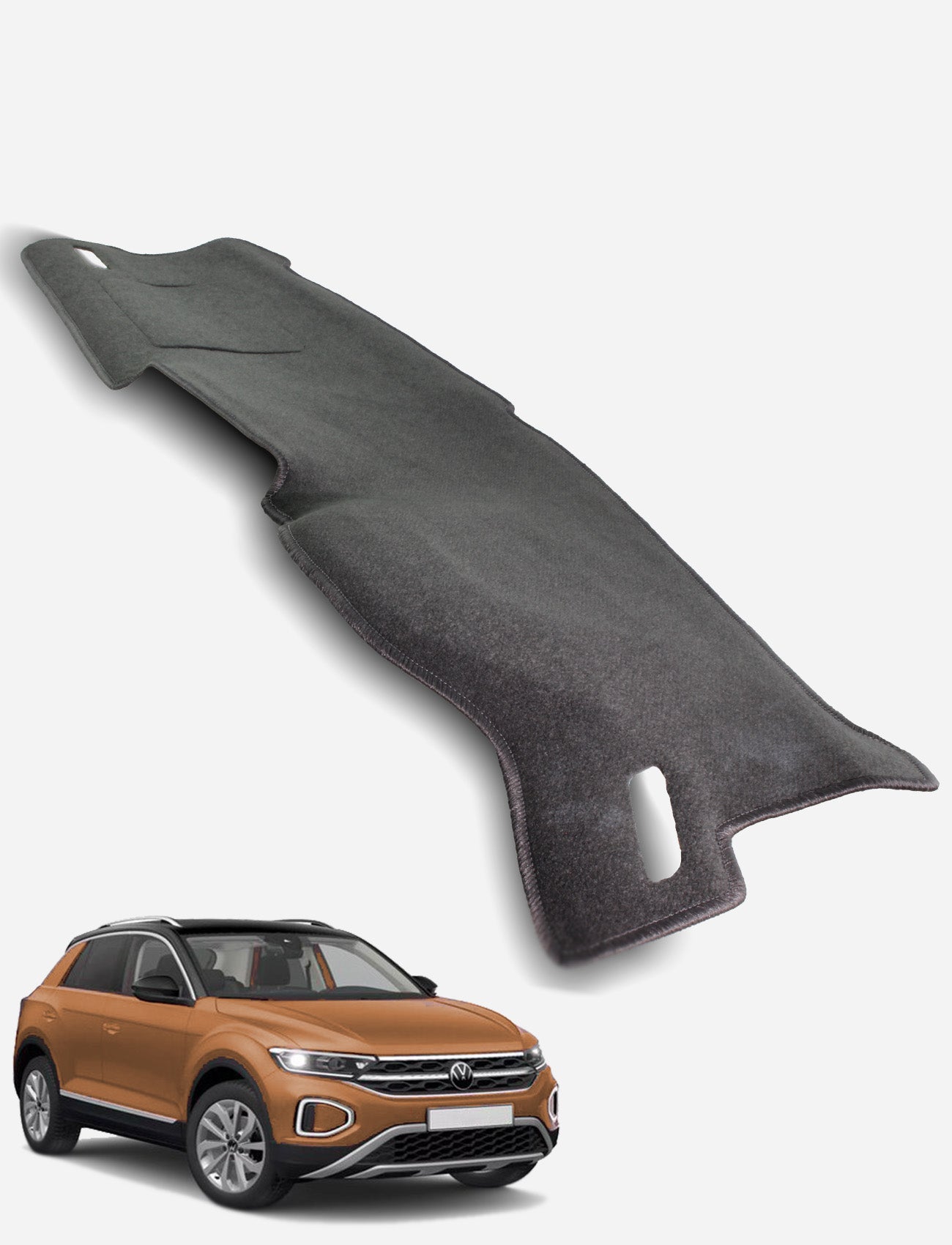 The Sunland-Protection Volkswagen T-ROC A11 & D11 Dash Mat is displayed above a brown Volkswagen SUV on a white background, stylishly protecting your dashboard and resale value with air bag safe design.