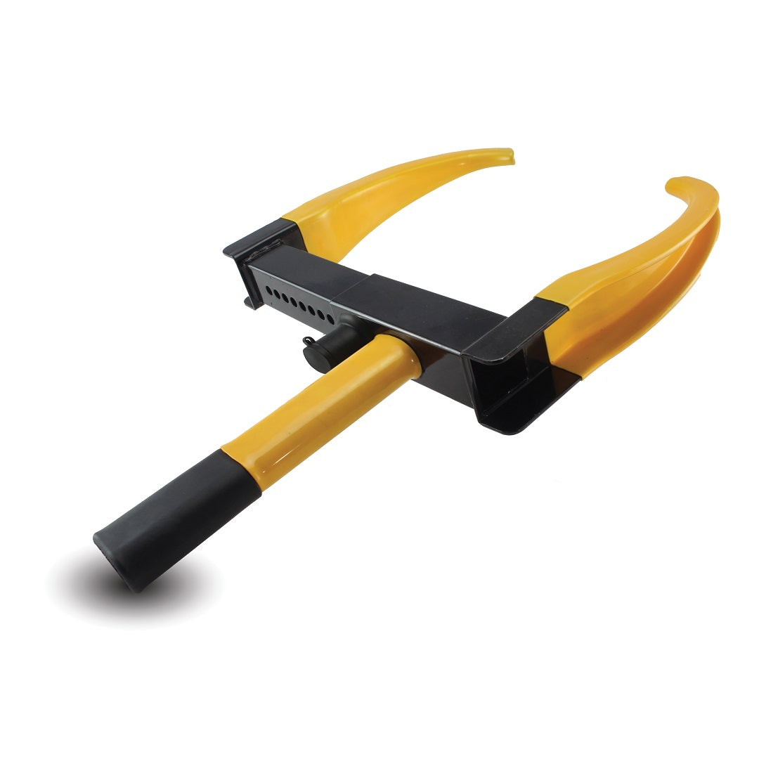 Introducing the Drive Anti Theft Wheel Clamps: a robust and secure steering wheel lock in a striking yellow and black design. Built for heavy duty performance, it features two curved yellow arms and an adjustable central black bar to accommodate various wheel sizes, making it perfect for securing both cars and caravans.