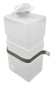 The Sunland-Protection Universal Radiator Overflow Water Recovery Unit 13 To 16PSI is a white, rectangular plastic container with a top spout and side measurement markings. A metal strap encircles the middle, making it easy to install and securely fit as a radiator overflow solution.