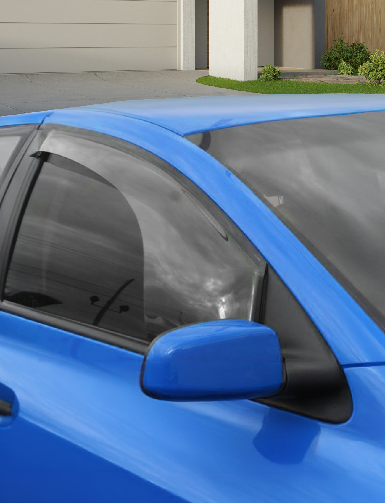 Close-up of a blue car parked in a driveway with Sunland Protective Plastics Ford Ranger Weathershield Full Size Light Tint, Driver (F387WD). The car's side mirror and window reflect the cloudy sky near trimmed bushes and a gray garage door, set against a modern house.