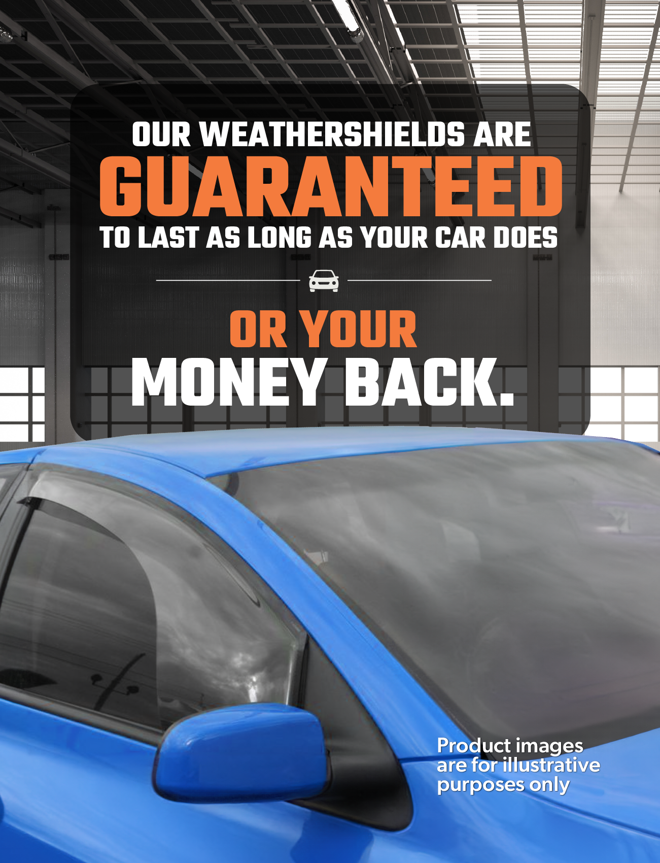 A blue car is parked inside the garage with a message above: "Our Sunland Protective Plastics Weathershields are guaranteed to last as long as your car does or your money back." Text at the bottom states, "Product images are for illustrative purposes only. UV stable acrylic ensures durability.