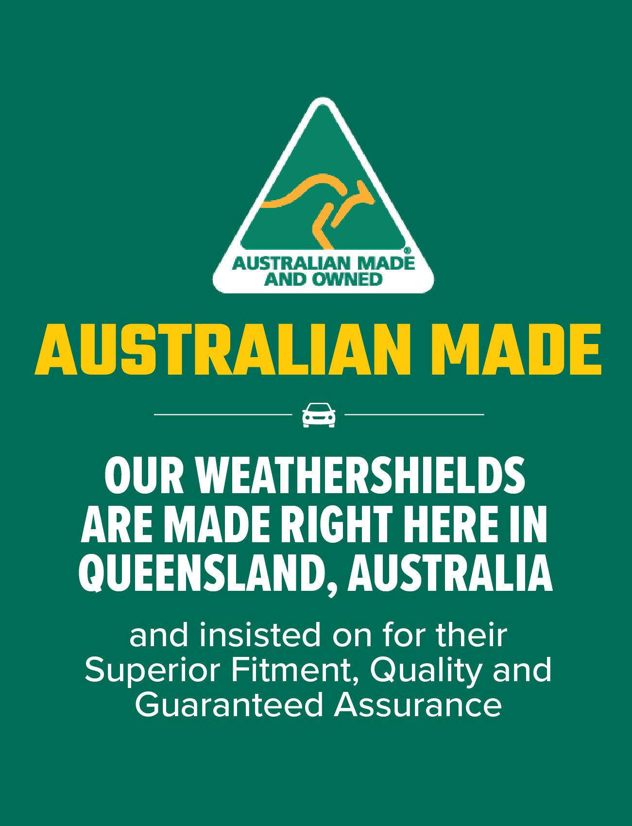 Green background with "Sunland Protective Plastics: Australian Made and Owned." Below, "Australian Made" in large yellow. White text states: "Our custom-moulded Ford Ranger Weathershields are crafted in Queensland," highlighting superior fitment, quality, and durable UV-stable acrylic. F387WD.