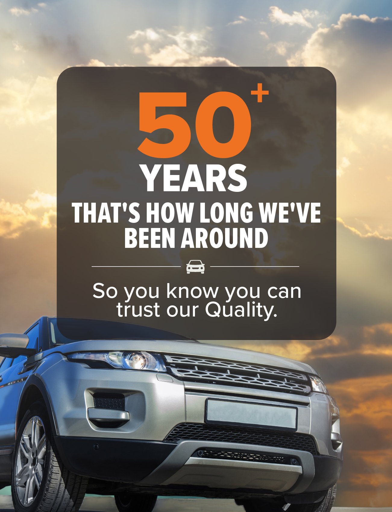 A silver SUV is parked under a cloudy sky with rays of sunlight. The text reads, "Over 50 years of trust in quality and craftsmanship. Experience the superior protection of Sunland Protective Plastics Weathershield Fullsize Light Tint for your Toyota Hilux.