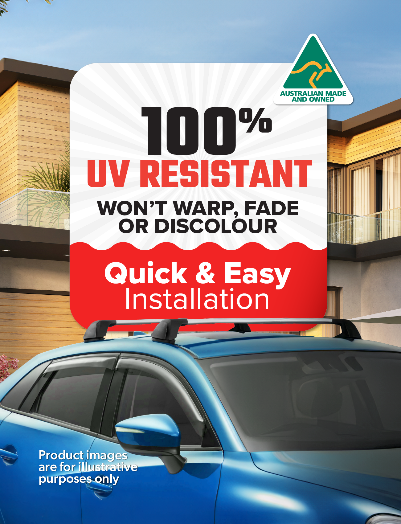 Advertisement featuring a modern house and a sleek blue car, highlighting custom-moulded Sunland Protective Plastics Weathershield Slimline Driver, Dark Tint for Toyota Prado 150 Series (11/2009-On). The text reads "100% UV Resistant, Won't Warp, Fade, or Discolour. Quick & Easy Installation using UV stable acrylic." Includes an Australian Made and Owned logo. Product images for illustrative purposes only.