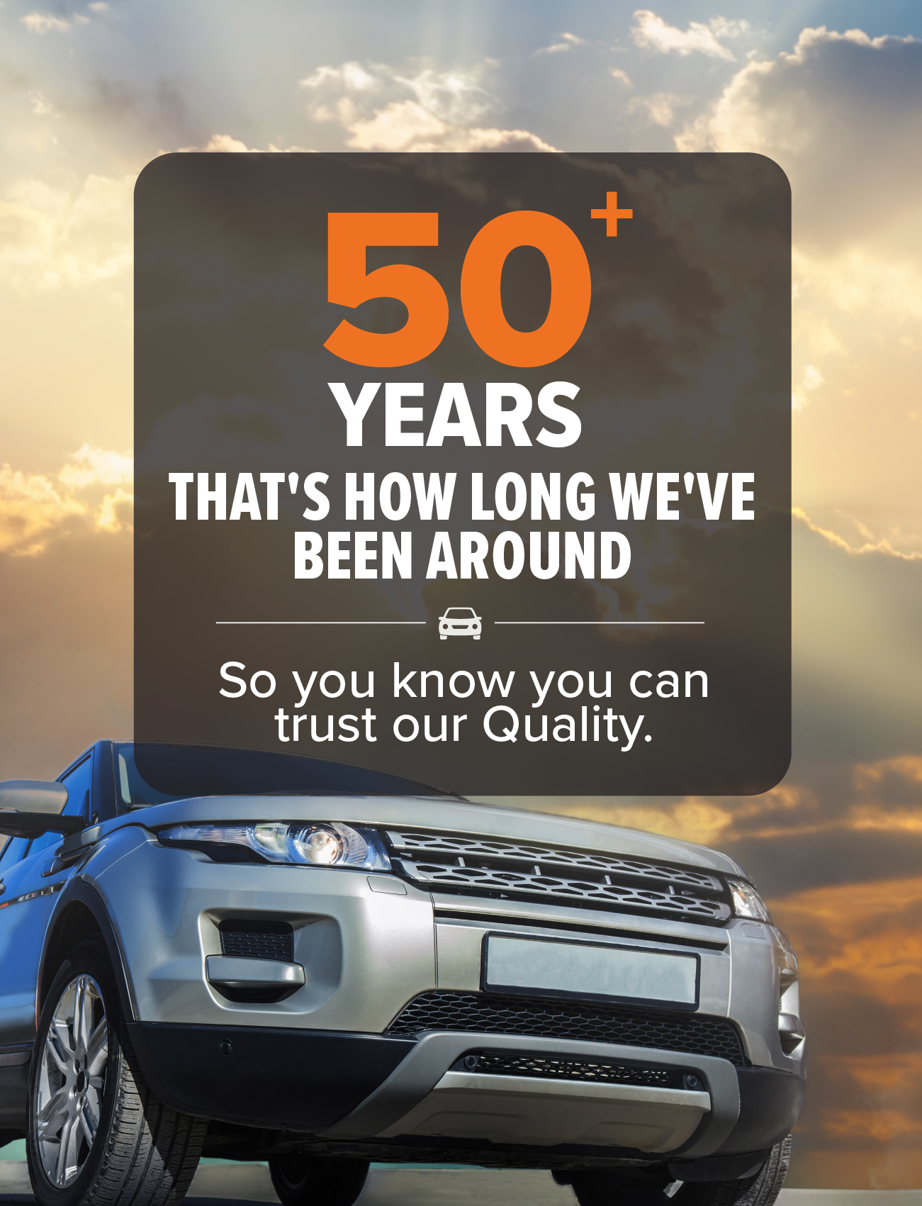 A silver SUV is on a road against a dramatic sunset sky. Bold text reads, "For over 50 years, we've been trusted for quality. Our Sunland Protective Plastics Weathershield Slimline Driver with UV stable acrylic finishes and custom-moulded design ensures reliability you can count on.