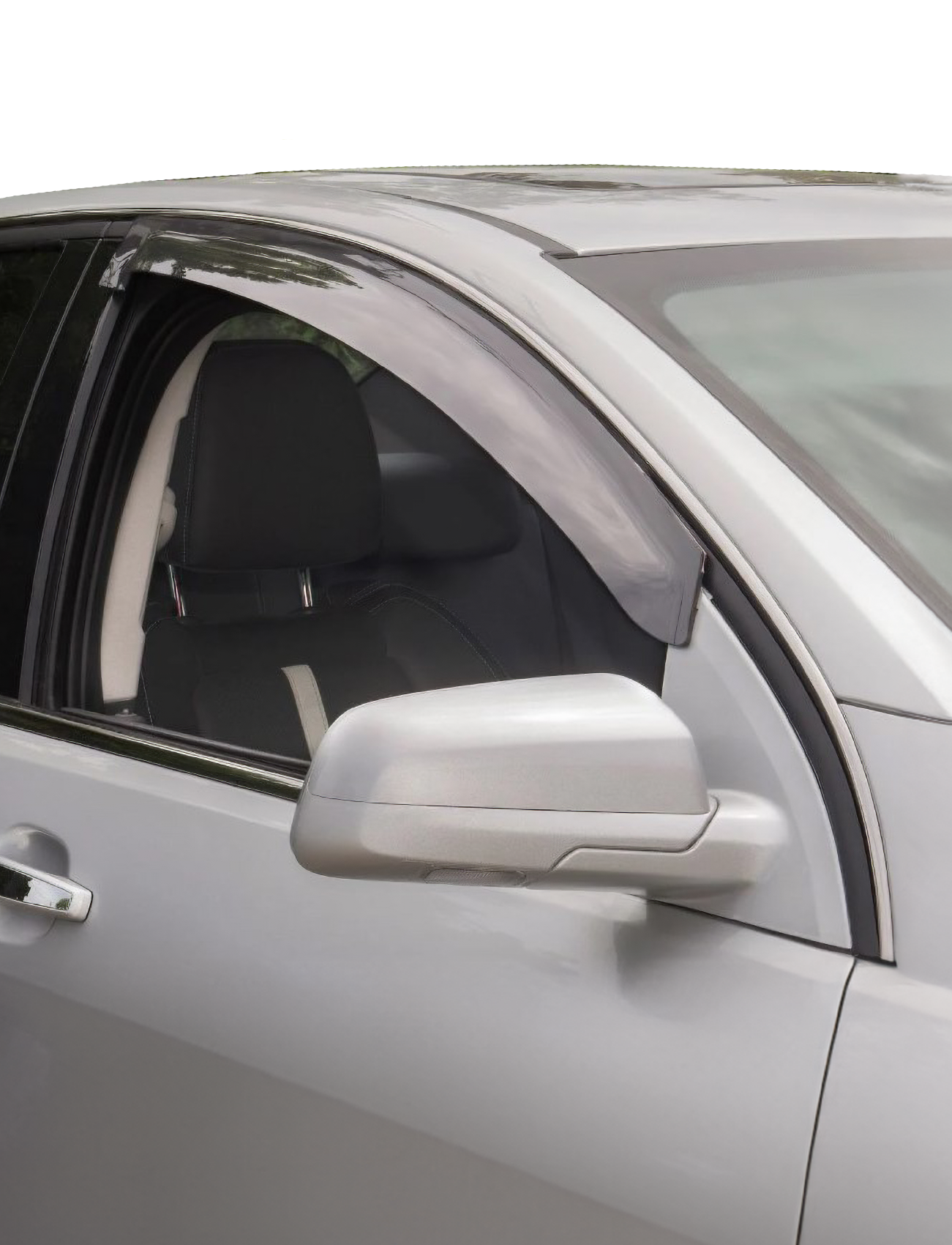 A close-up of a gray car showcases the Sunland Protective Plastics Weathershield Slimline Light Tint for the driver's side on a Ford Ranger PY & Everest UB 06/2022-On/, highlighting the custom-moulded, UV-stable acrylic design. The neatly installed rain guard ensures functionality, while the car door is partially visible against a blurred outdoor setting.