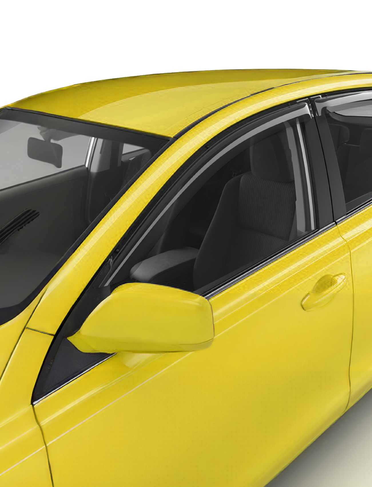 Close-up of a yellow car's front and side, showcasing the custom-moulded Sunland Protective Plastics Weathershield Slimline Passenger in dark tint over the open window. The UV stable acrylic complements the vibrant exterior, contrasting with the gray interior visible through the side mirror and revealing part of the black seat from a Toyota Camry 04/2015-08/2017.