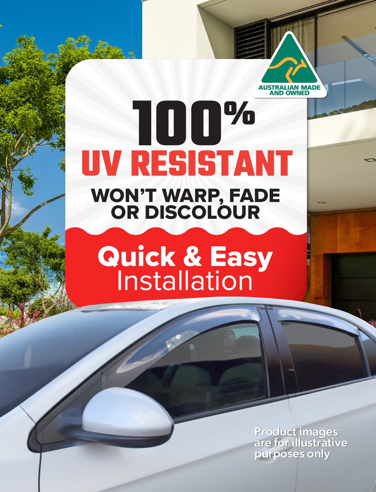 Image of a stylish white car with Sunland Protective Plastics Weathershield Slimline Light Tint, parked by a modern building. Sign reads: "100% UV Resistant, Won’t Warp, Fade or Discolour, Quick & Easy Installation." Features UV-stable acrylic and "Australian Made and Owned" logo.