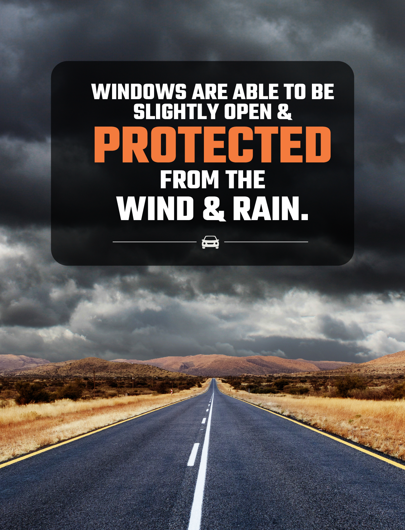 A long empty road lined with dry grass stretches into the distance under a cloudy, overcast sky. Text overlay reads: "Windows are slightly open & protected from wind & rain," thanks to Sunland Protective Plastics Weathershield Slimline Rear Passenger, Dark Tint for Toyota Rav4 5 Door 01/2019-On/> - T400SLRPT. A car icon is displayed beneath the text.