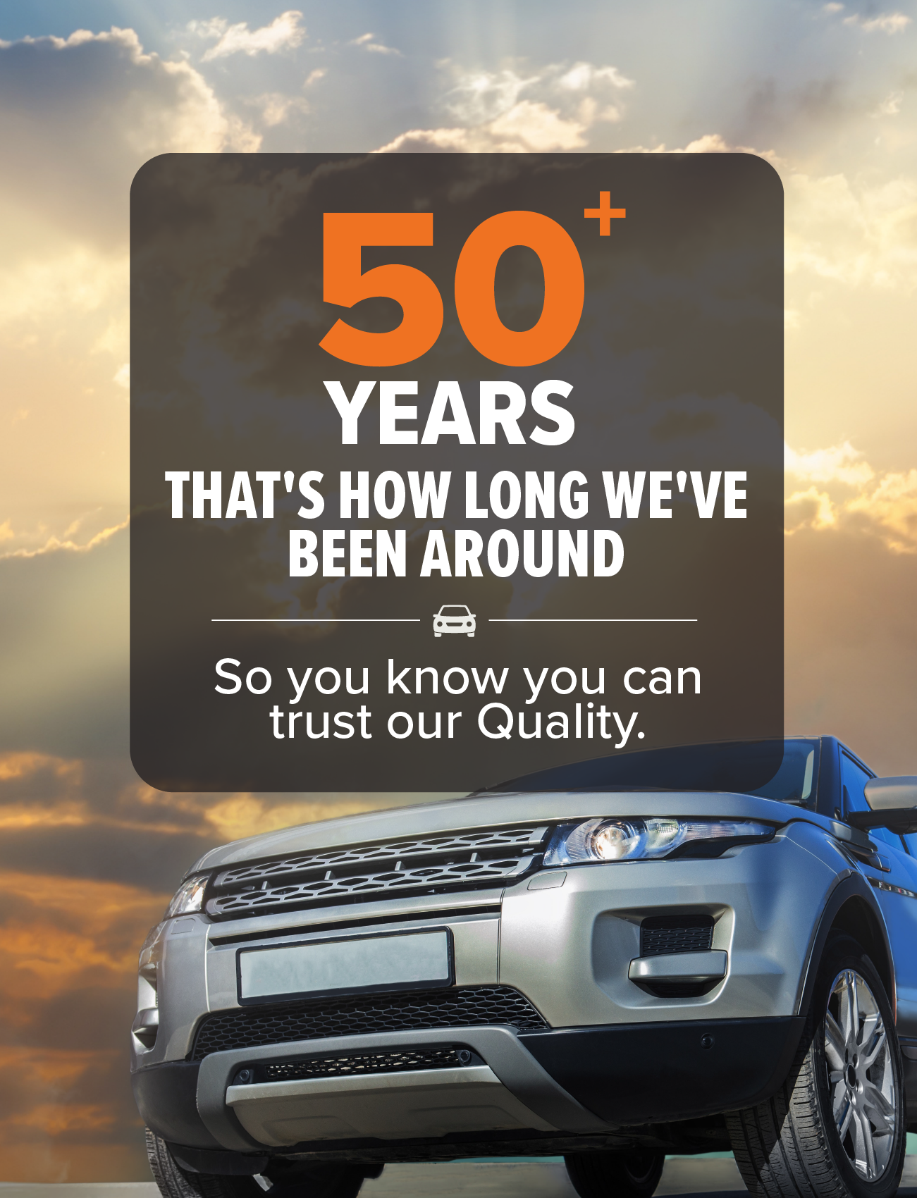 A Toyota Rav4 is parked against a dramatic sunset backdrop, with bold text declaring, "50+ Years of Excellence. Trust in our enduring quality." Highlighted are the UV stable acrylic and custom-moulded Sunland Protective Plastics Weathershield Slimline Rear Passenger for an extra touch of reliability.