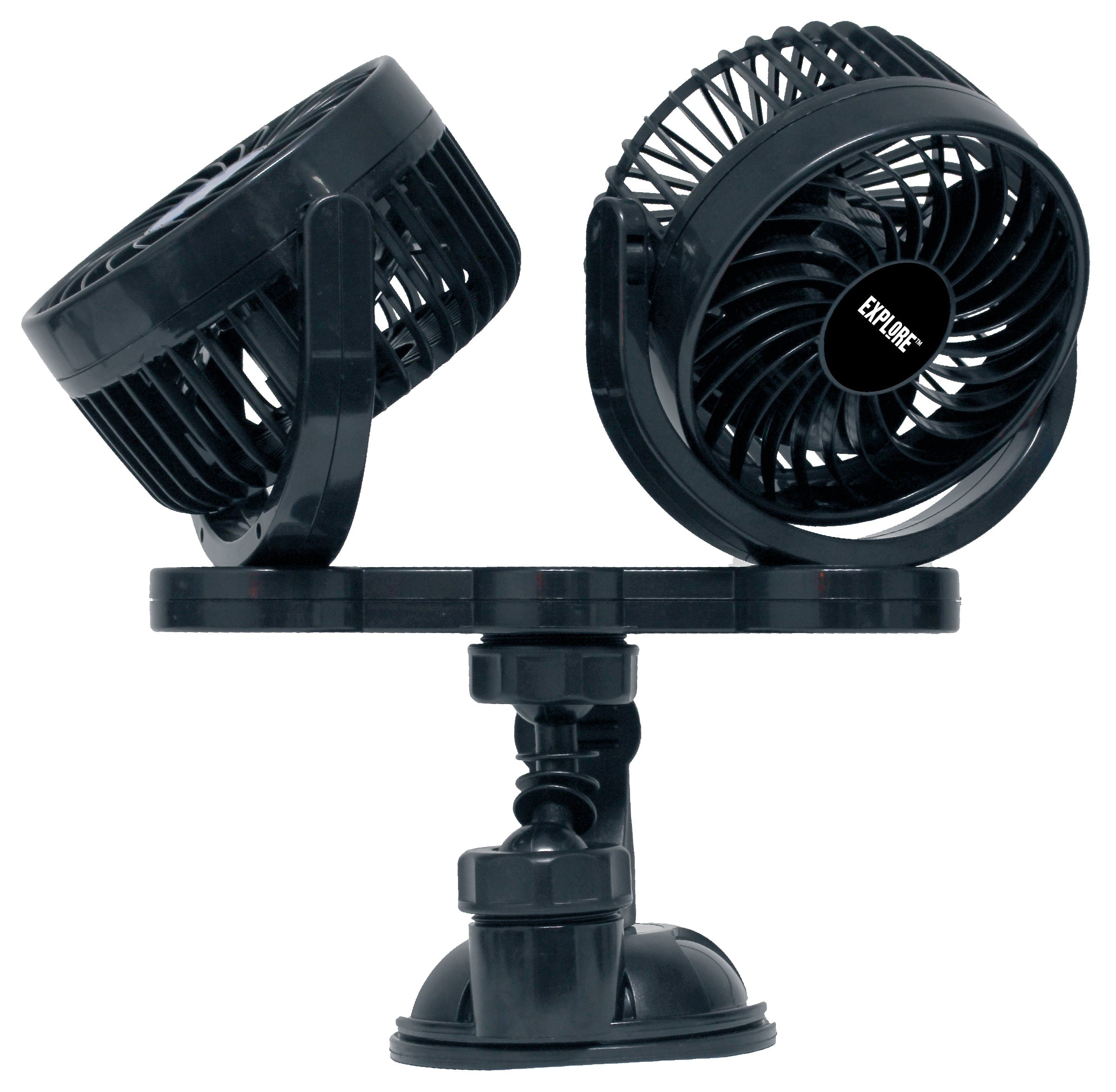 The Explore Twin 12V Fan features two black fans mounted on a shared base with a heavy-duty suction cup for secure attachment. Each fan is equipped with protective grilles, variable speed control, and can be adjusted in different directions. The "Explore" logo is prominently displayed at the center of one of the fan's grilles.