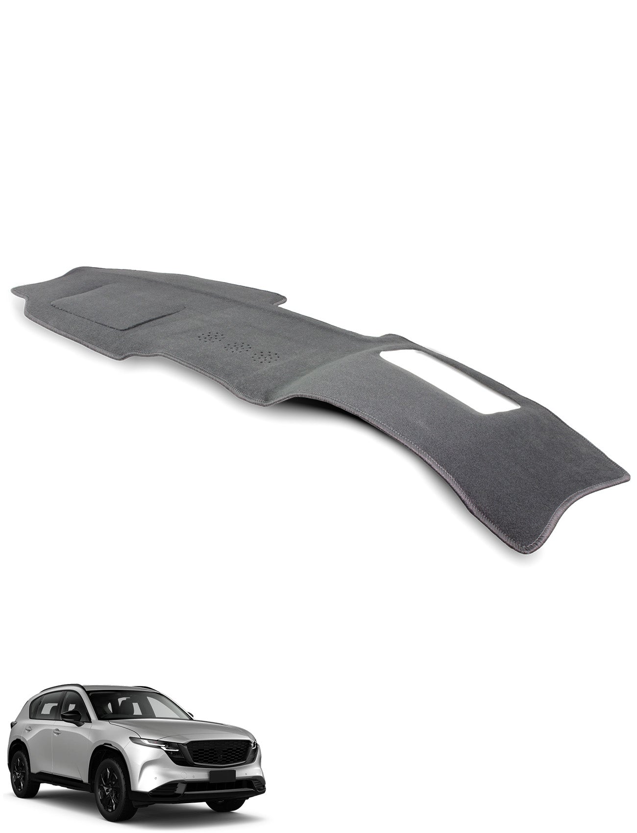 The Sunland-Protection Mazda CX-5 KM Dash Mat (HUD) is a gray anti-glare dashboard cover with precise cutouts, shown atop a white SUV with black trim and wheels on a white background. It’s an ideal accessory for Mazda CX-5 owners seeking quality and protection.