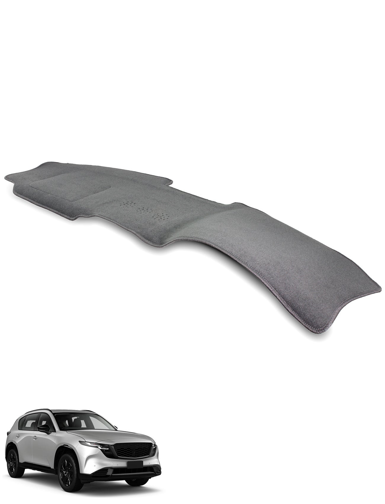 Sunland-Protection Mazda CX-5 KM Dash Mat in gray, Australian made dashboard cover shown above the image of a silver SUV with black rims—perfect fit for your Mazda CX-5—displayed from the front left angle on a white background.